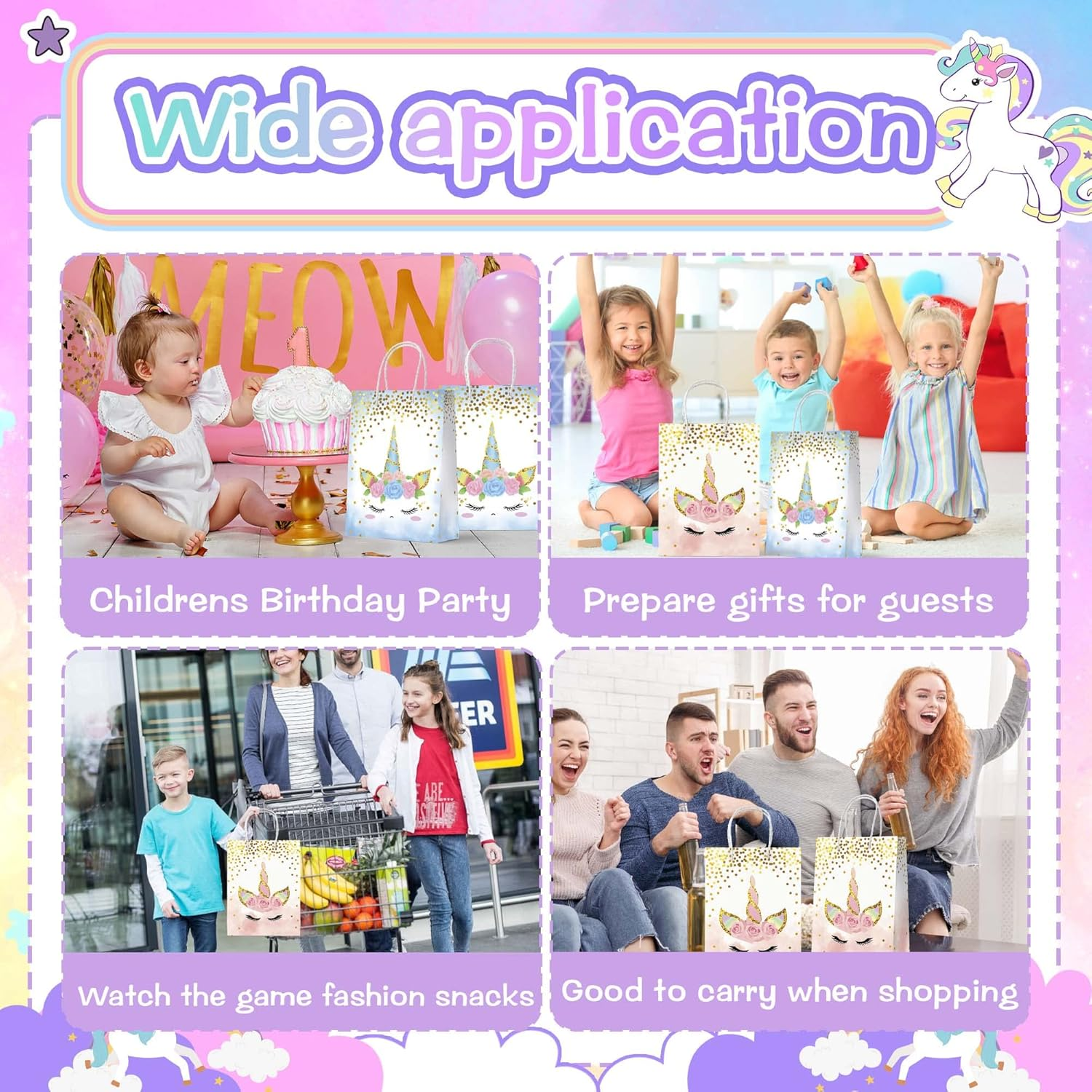 24Pcs Unicorn Party Favor Bags Unicorn Goodie Gift Treat Candy Bags Reusable Goody Kraft Paper Bag with Handle for Party Supplies Birthday Decorations image number 2