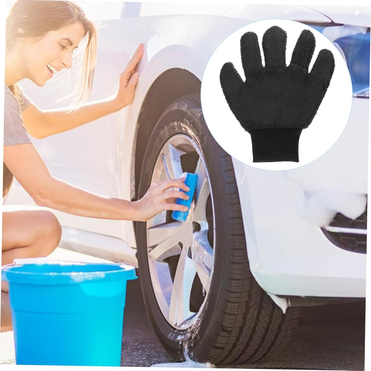 CVUTOVO Car Washing Glove Double-Sided Coral Fleece Wash Mitt 5-Finger Thickened Microfiber Dusting Mitt for Vehicle Exterior Cleaning Black Suitable for Automotive Detailing image number 4