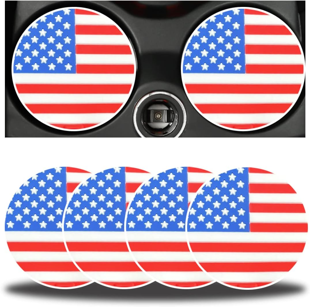 Zipelo 4 Pack Car Cup Coasters, 2.75 Inch Vehicle Holder Cup Holder Insert Coaster, Anti-Slip Automotive Black White Grid and American Flag Drink Cup Mat, Universal Interior Accessories (Black/White)
