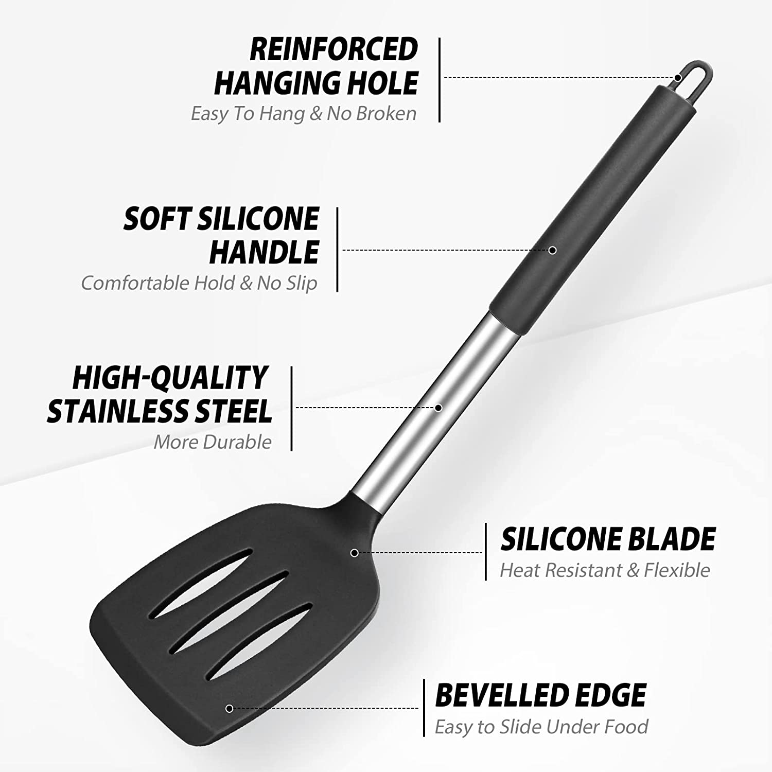 2 Pack Silicone Spatulas Turners, Stainless Steel Cooking Utensils BPA Free,Heat Resistant,Non Stick,Rubber Spatulas for Fish, Eggs, Pancakes, WOK, Black - Gray image number 4