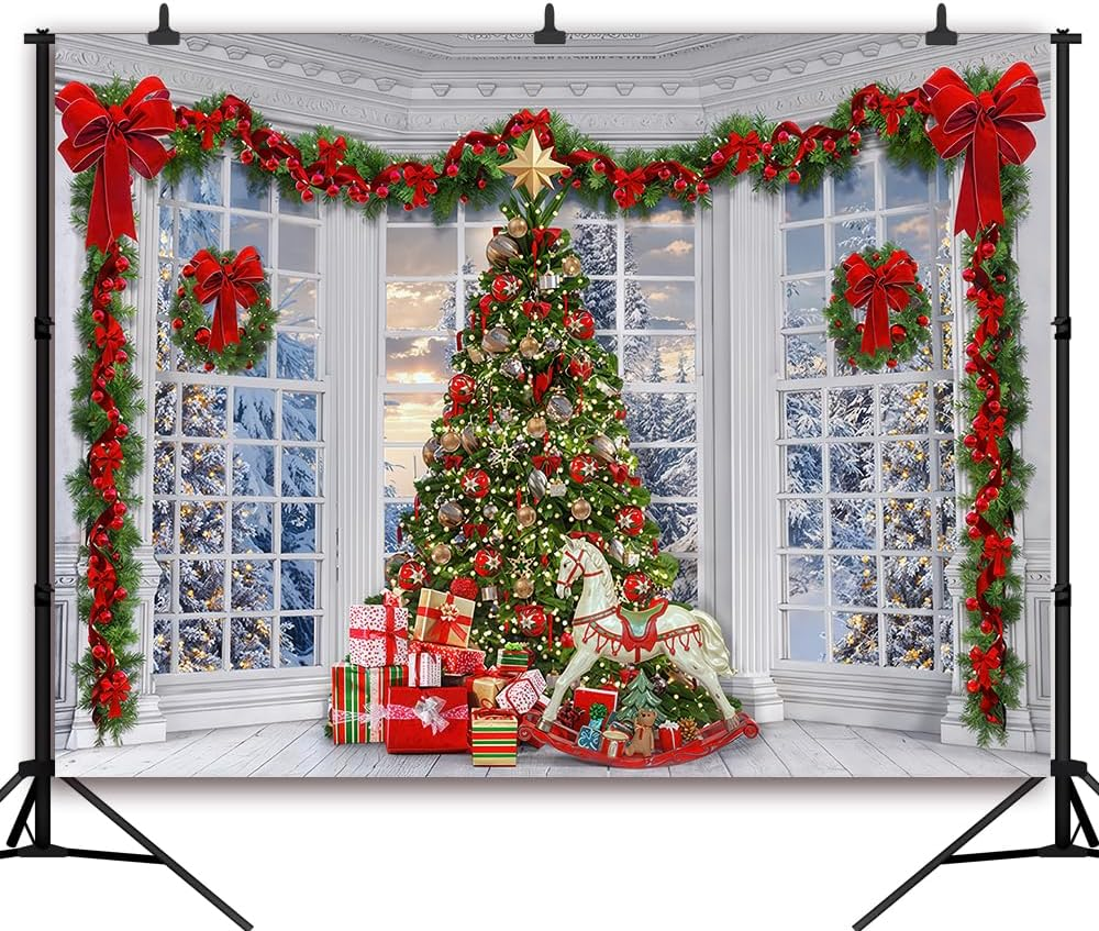 9X6Ft Christmas Window Backdrop for Photography Xmas Pine Tree Gifts Background Winter Snow Scene Merry Christmas Photo Backdrop Studio Props Banner image number 3