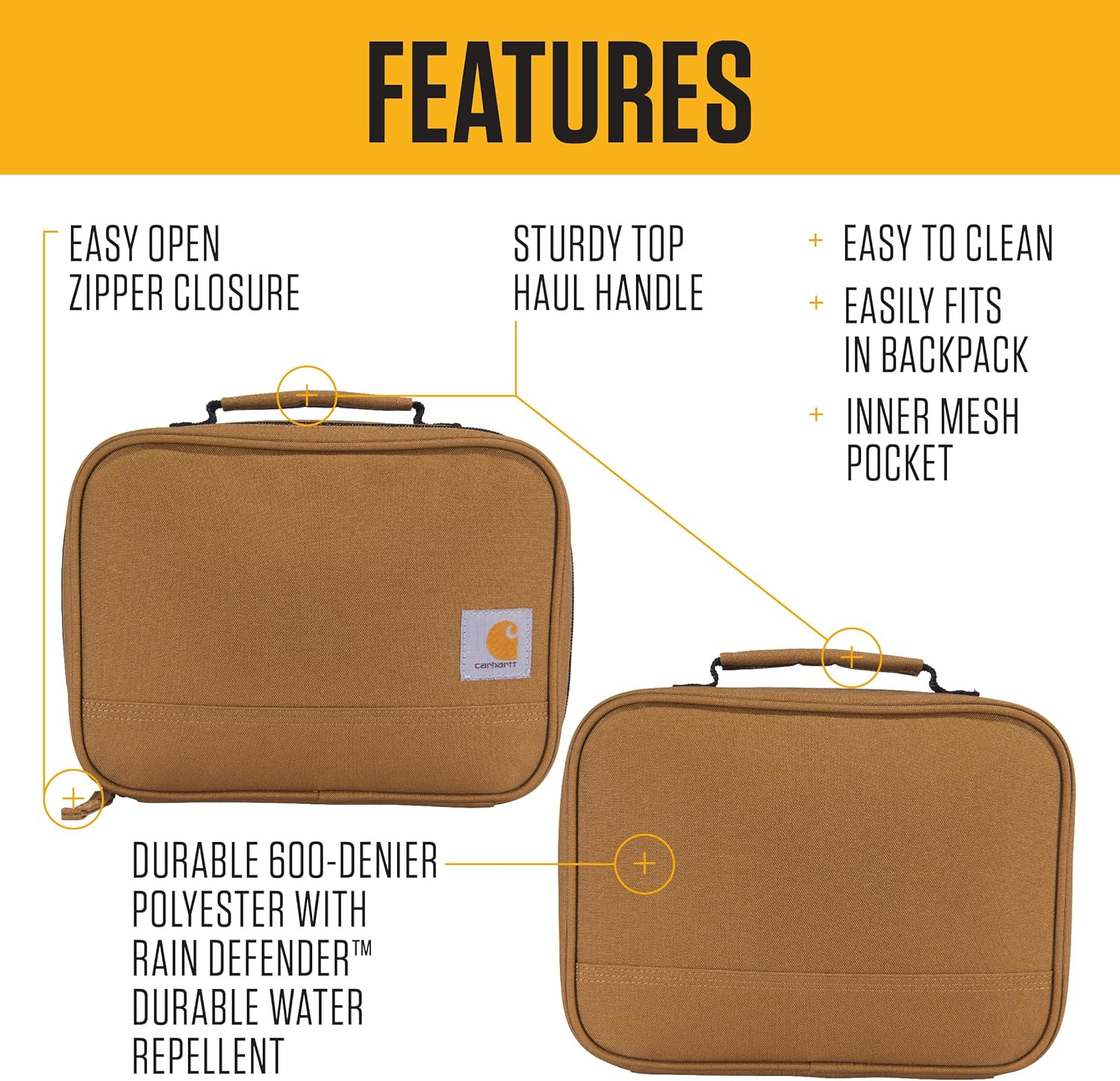 Carhartt Insulated 4 Can Lunch Cooler, Fully Insulated, Durable Water Resistant Cooler, Essential Lunch Cooler (Carhartt Brown) image number 2