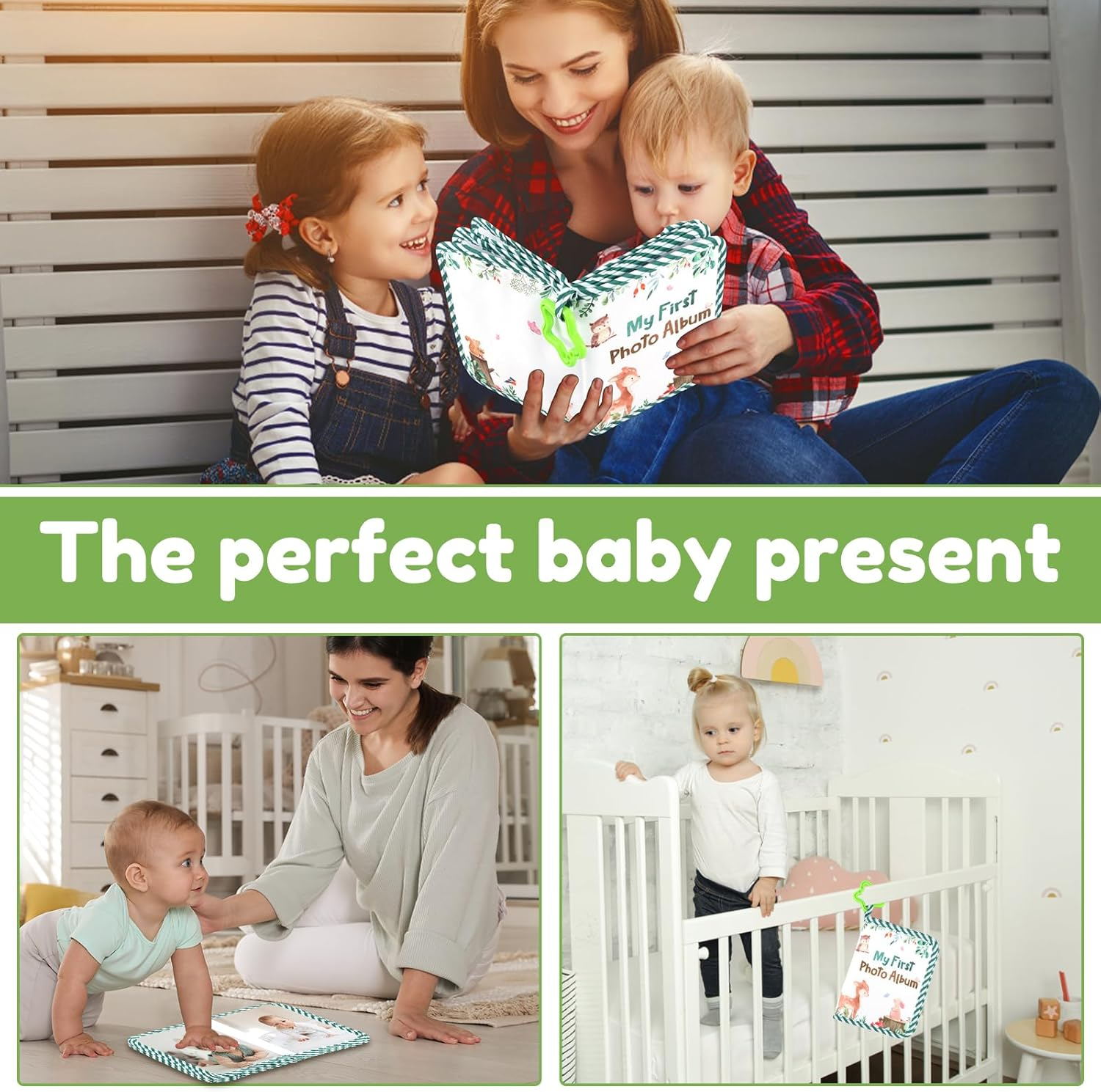 Baby'S My First Family Album,Soft Cloth Baby Photo Album with Safe Mirror,Cute Toddler Family Memory Book Present Holds 17 4X6'' Pictures for Kids Newborn Toddlers (Green) image number 4