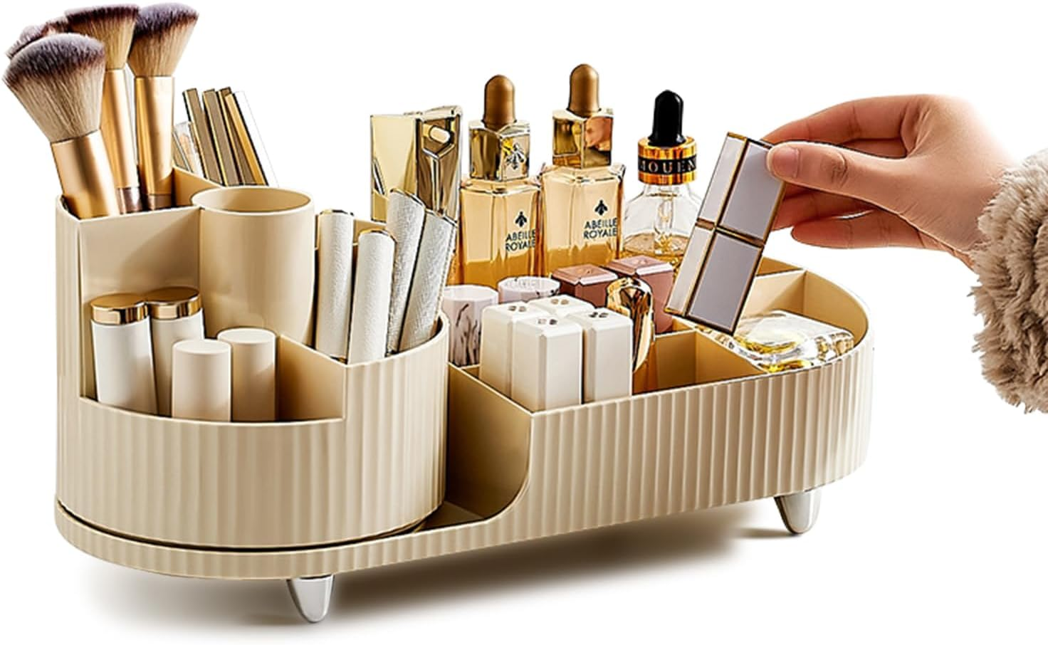 Rotating Makeup Organizer Large Capacity Cosmetic Organiser Desk Dresser and Bathroom Organizer Cosmetics Display Case for Lipsticks,Skincare,Brushes,Nail Care, Jewelry(Creamy White) image number 6