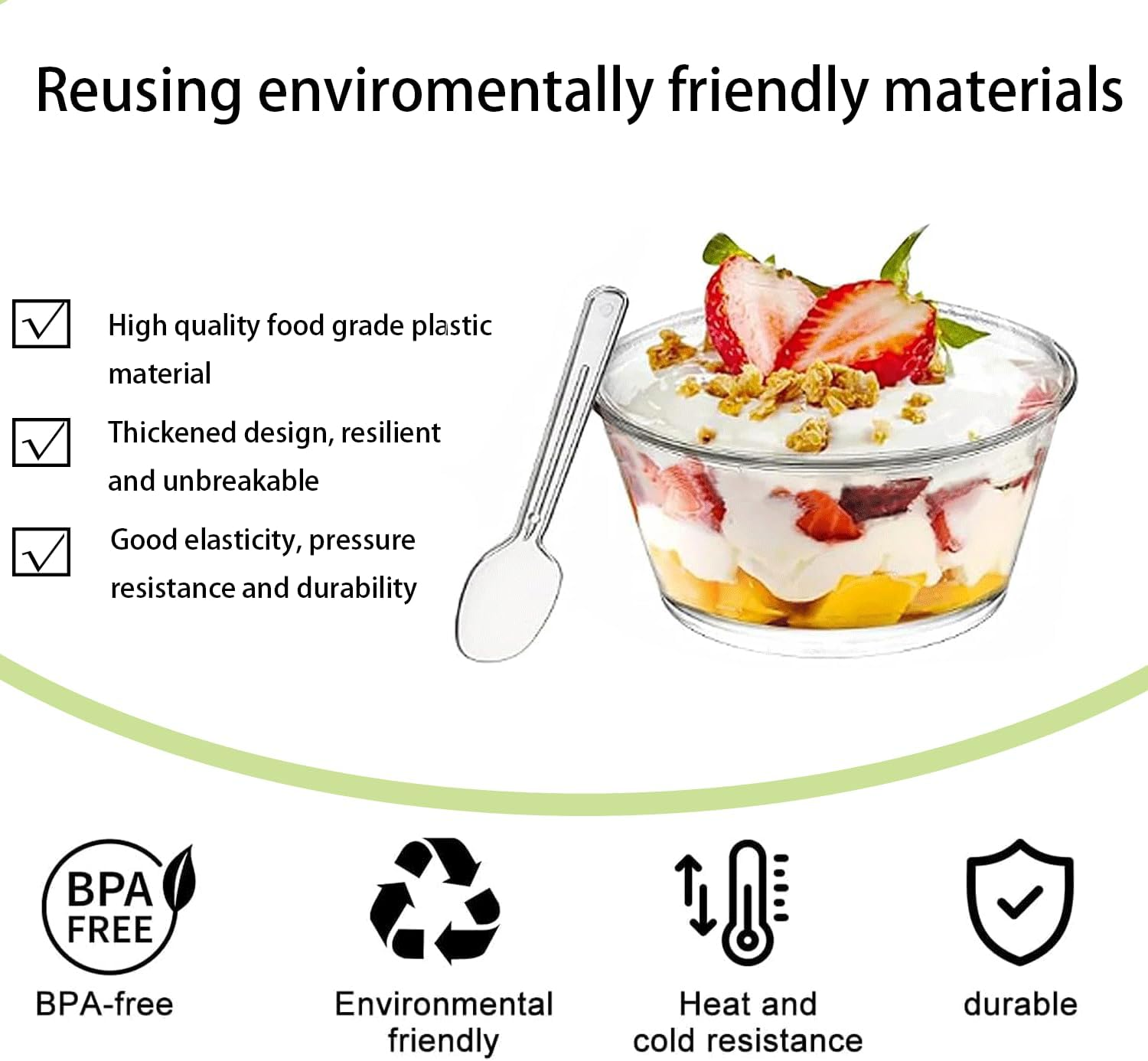 50 Mini Dessert Bowls with Spoons, 140Ml Circular Reusable Dessert Bowl, Transparent Plastic Dessert Bowl, for Parties, Birthdays, Puddings, Yogurt and Ice Cream. image number 2