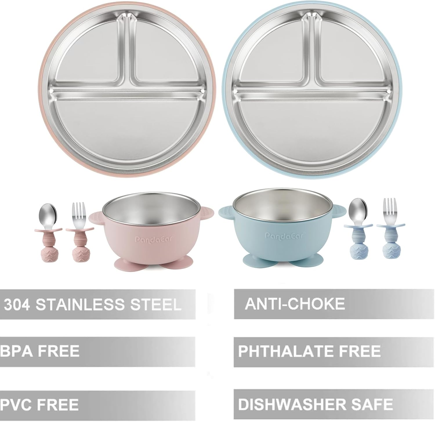 Pandaear 8PCS Baby Feeding Set | Stainless Steel Suction Plates and Bowls with Silicone Fork and Spoon Utensils | Baby Led Weaning Tableware for Toddlers & Kids (Pink & Blue) image number 6
