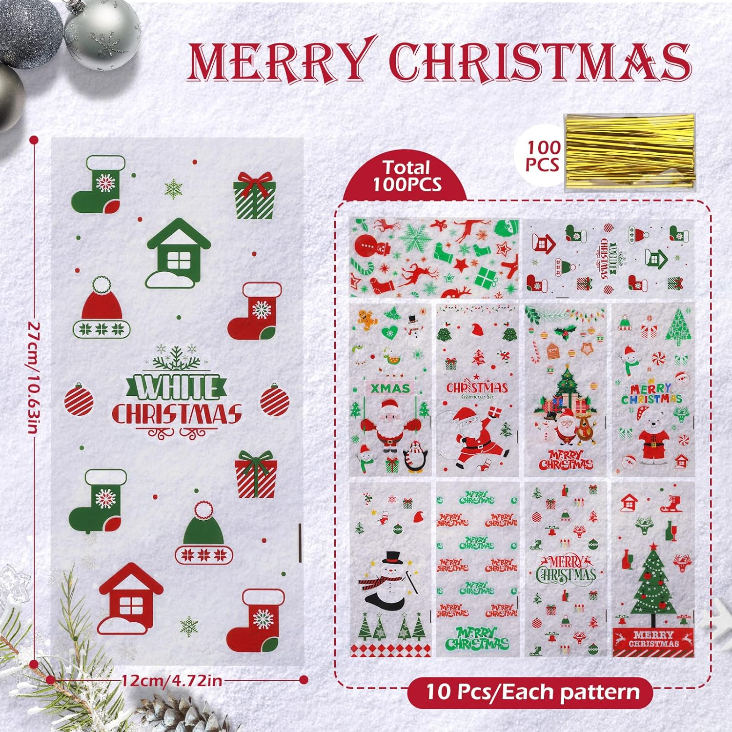 Geeric Xmas Candy Bags with Twist Tie - 100 PCS, 10 Different Designed Cellophane with Christmas Snowman, Tree, Santa Claus, Snowflake, Elk Print Pattern Cookie Bags - Style 5 image number 5
