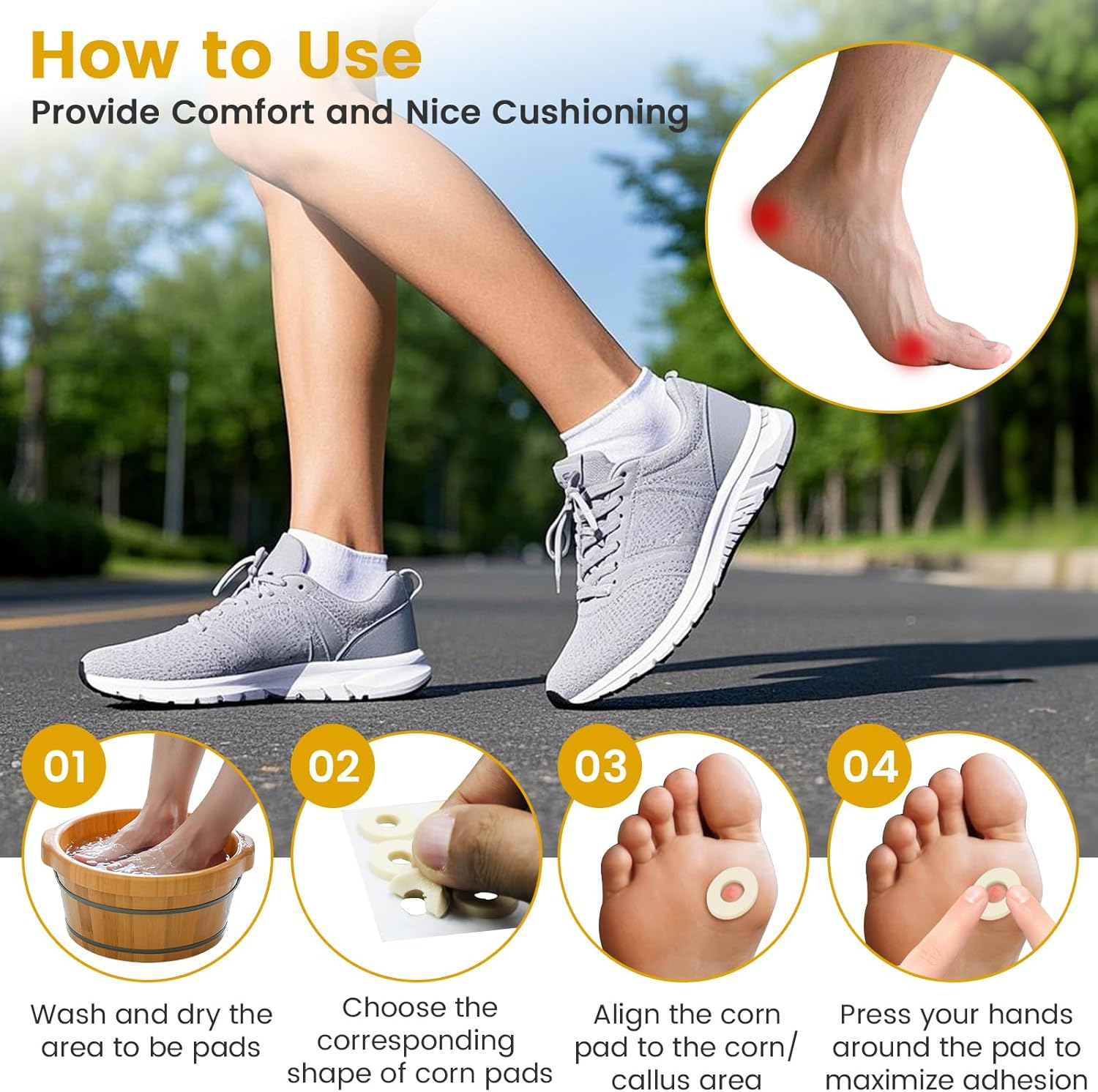 90 Pcs Corn Cushions for Toes and Feet, Oval Shapes Self-Stick Adhesive Latex Foam Pads, Corns, Blisters and Feet from Pressure and Friction, Callus Cushions for Foot Comfort and Pain Relief