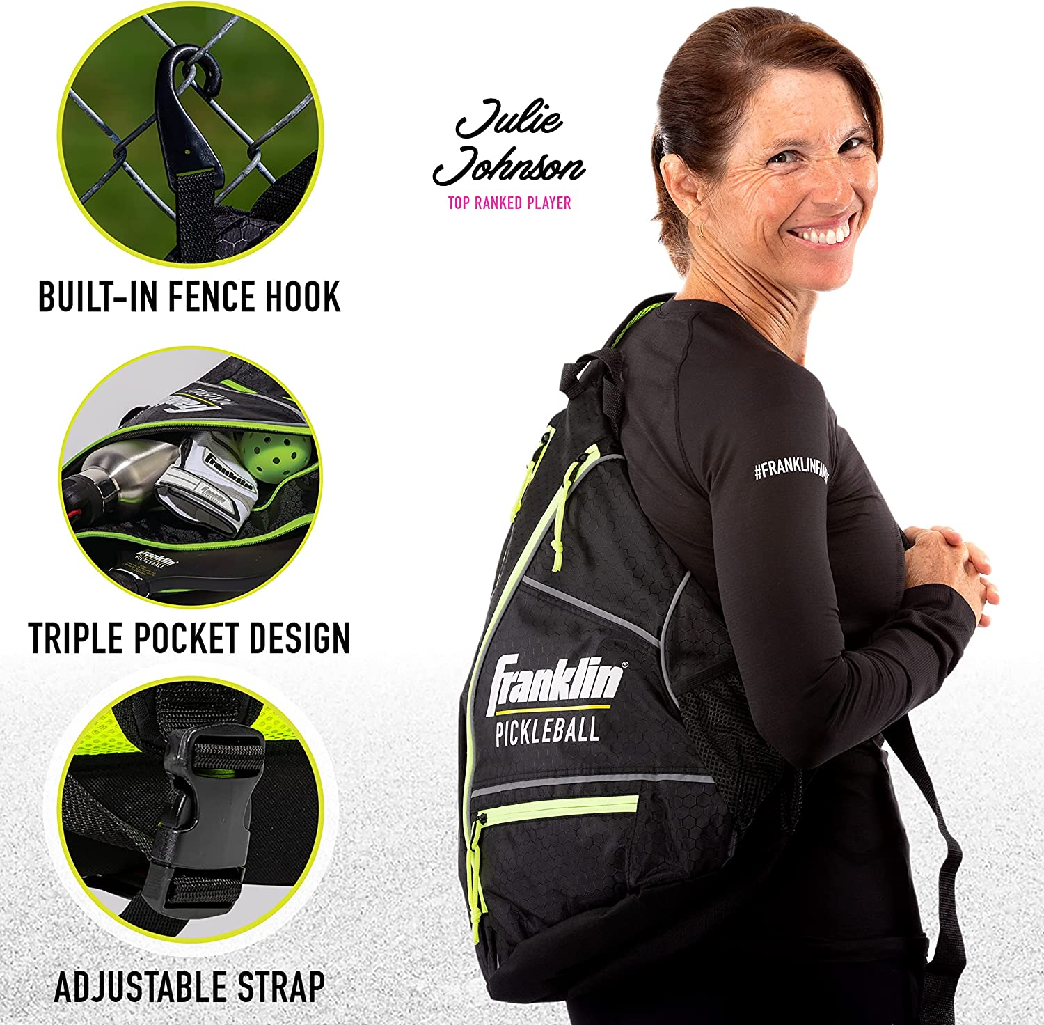 Franklin Sports Pickleball Sling Bag &ndash; Official Pickleball Bag of the U.S. Open Pickleball Championships &ndash; Adjustable - Black/Optic Yellow image number 4