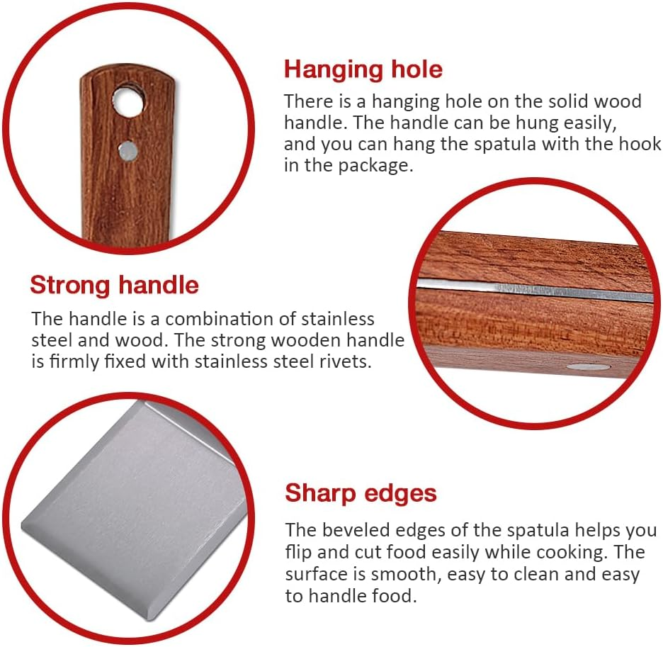 Stainless Steel Griddle Hamburger Spatula with Strong Wooden Handle, 13.5 X 5 Inches, Heavy Spatula Turner with Hook, Great for Pancake Flipper, Fish, Eggs, Burgers, Omelet and More image number 4