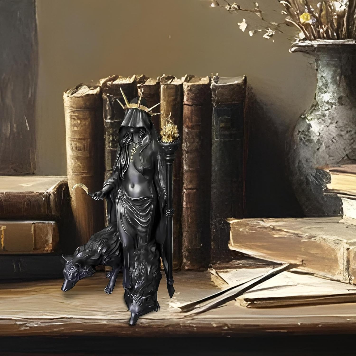 Hekate Niktipolos, the Witch of the Night, Underworld Hekate Phōsphōrōs Light-Bringer or Morning Star Statue, Hecate Greekgoddess with Her Hounds of Magic1 Resin Sculpture