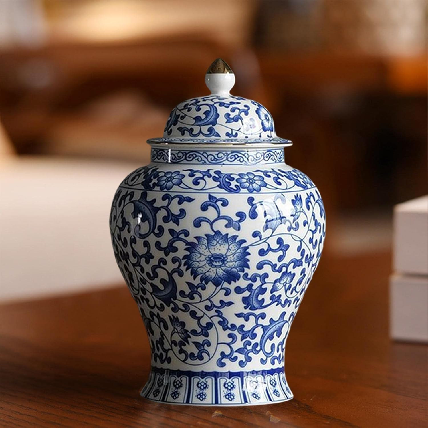 Folpus Ceramic Ginger Jar Flower Vase Traditional Centerpiece Blue and White Table Decoration Tea Storage Porcelain Jar for Wedding Cafe Decoration image number 3