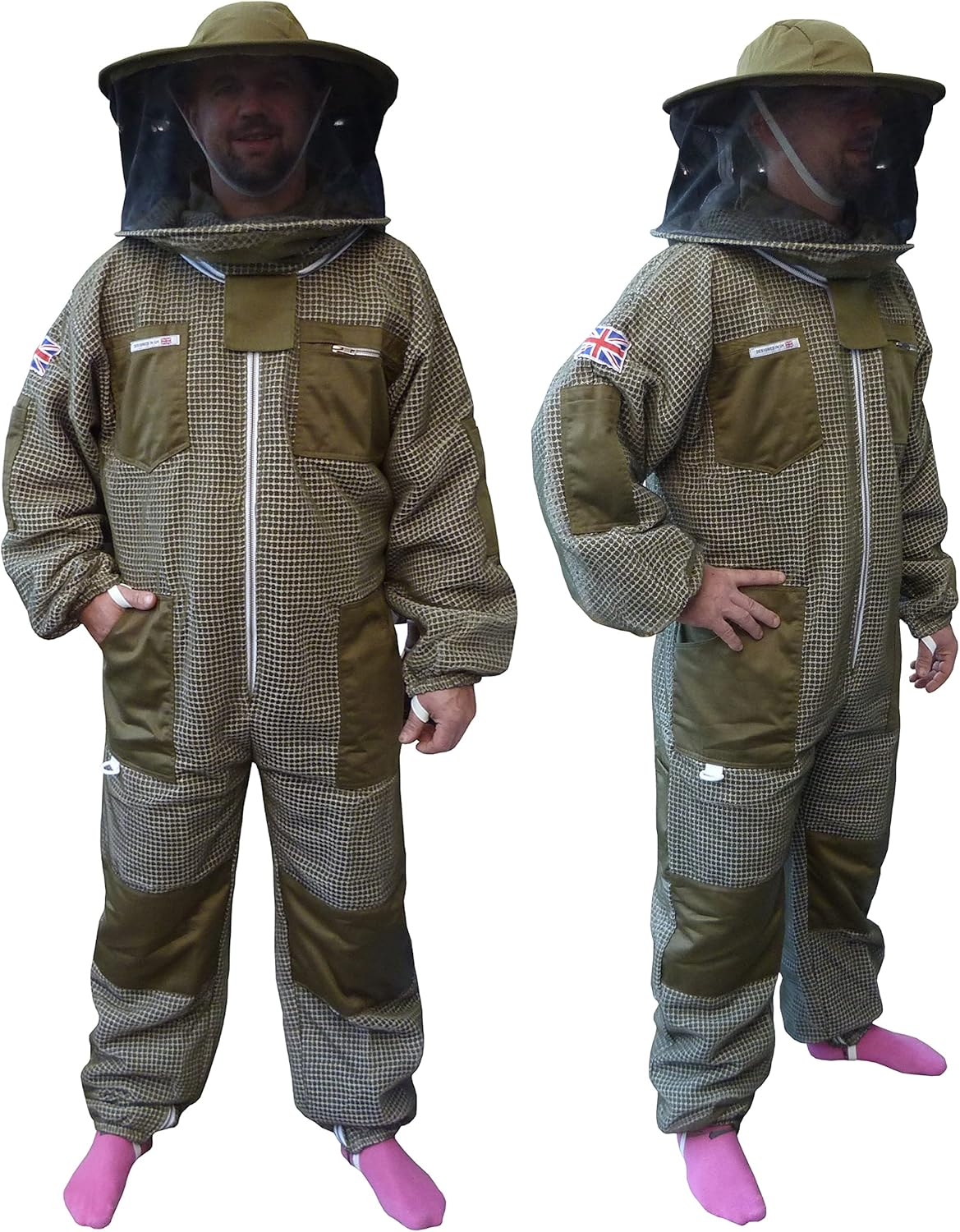 AGS round Hat Veil Three Layer Ultra Ventilated Green Beekeeping Suit Professional Bee Suit Beekeeper Beekeeping Suit (2XL)