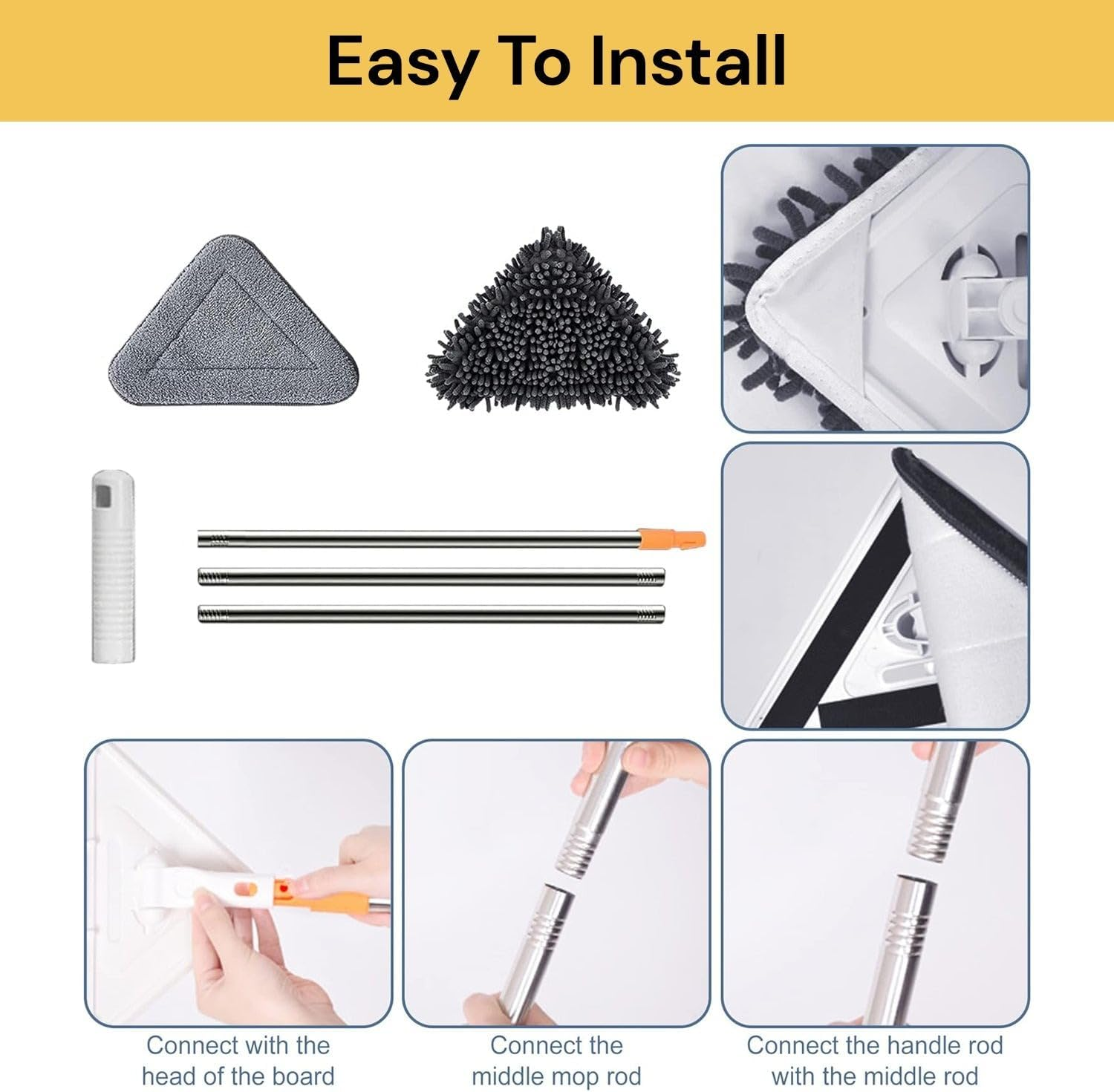 EZONEDEAL Mini Triangle Deep Cleaning Mop, Multifunctional Window Cleaner, 360 Degree Rotatable Adjustable Triangle Mop for Glass, Air Conditioners, Roofs, Gaps, Car - Extra Long Pole image number 4