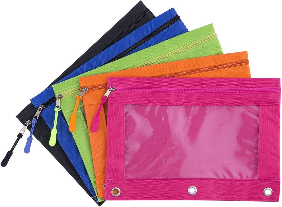 Binder Pencil Pouch with Zipper Pulls, Pencil Case with Rivet Enforced 3 Ring, 5 Pack - Multicolored-10Pack image number 6
