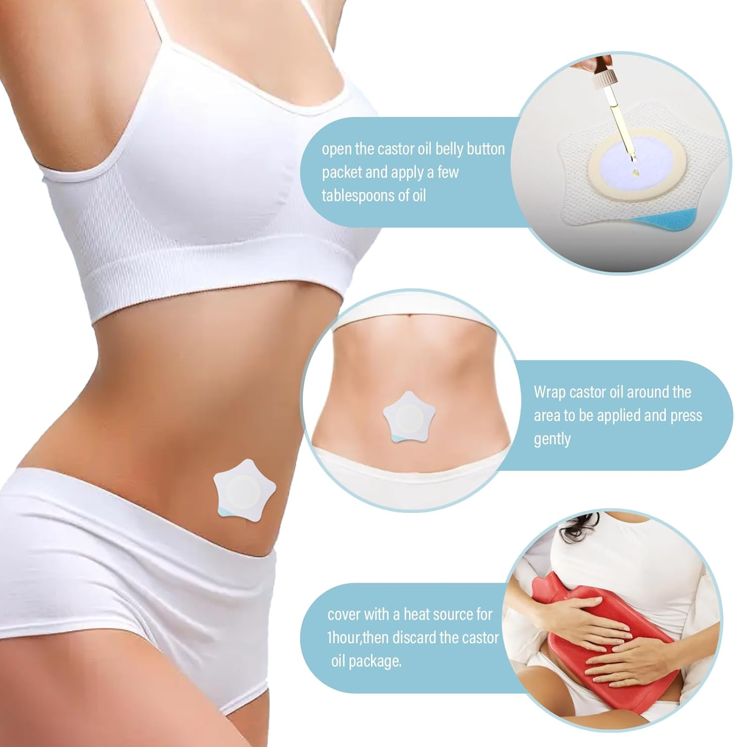 Viiotu 50Pcs Castor Oil Patches + 50 Cotton Cores, Breathable Non-Woven for Women, Portable Multi-Layer Anti-Leak Strong Adhesion Castor Oil Pack, 7Cm/2.75In image number 3