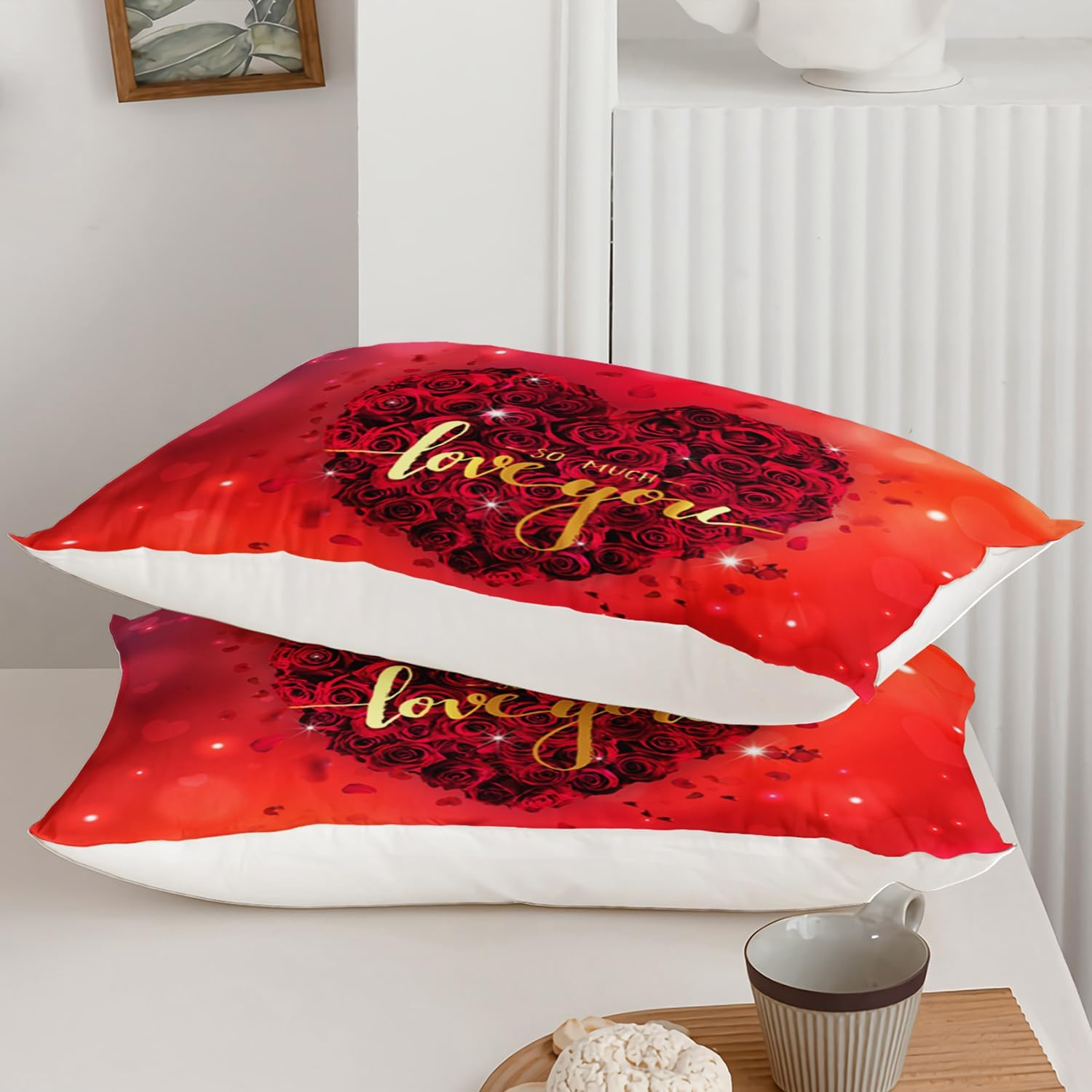 AILONEN Red Rose Duvet Cover Set Full Size, 3D Rose Hearts Bedding Set,Valentine Fantasy Loves Comforter Cover Set,Glitter Hearts Duvet Cover Set 3 Pieces, 1 Quilt Cover and 2 Pillowcases image number 5