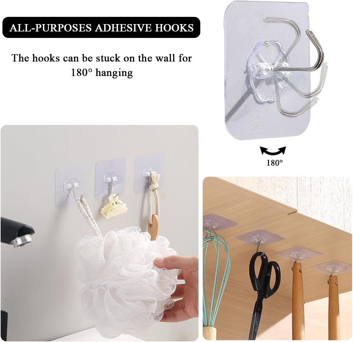 Berglander Adhesive Hooks for Hanging 12Pcs, Heavy Duty Wall Hooks Self Adhesive Towel Coat Hooks Waterproof Transparent Hooks for Bathroom Kitchen Keys Door Outdoor Home Improvement Utility Hook