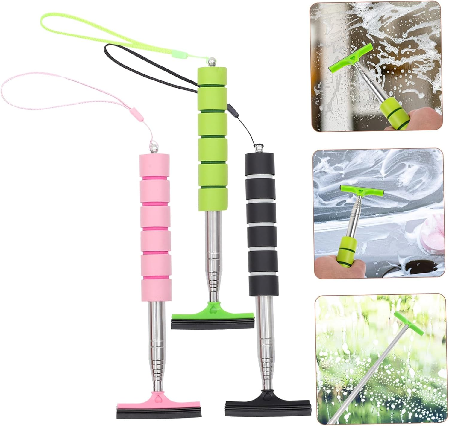 HORIALENCE Car Windscreen Cleaner Squeegee 3Pcs Set Retractable Rearview Mirror Window Cleaner Tool for Automotive Glass Exterior Care in Black, Green, and Pink image number 4