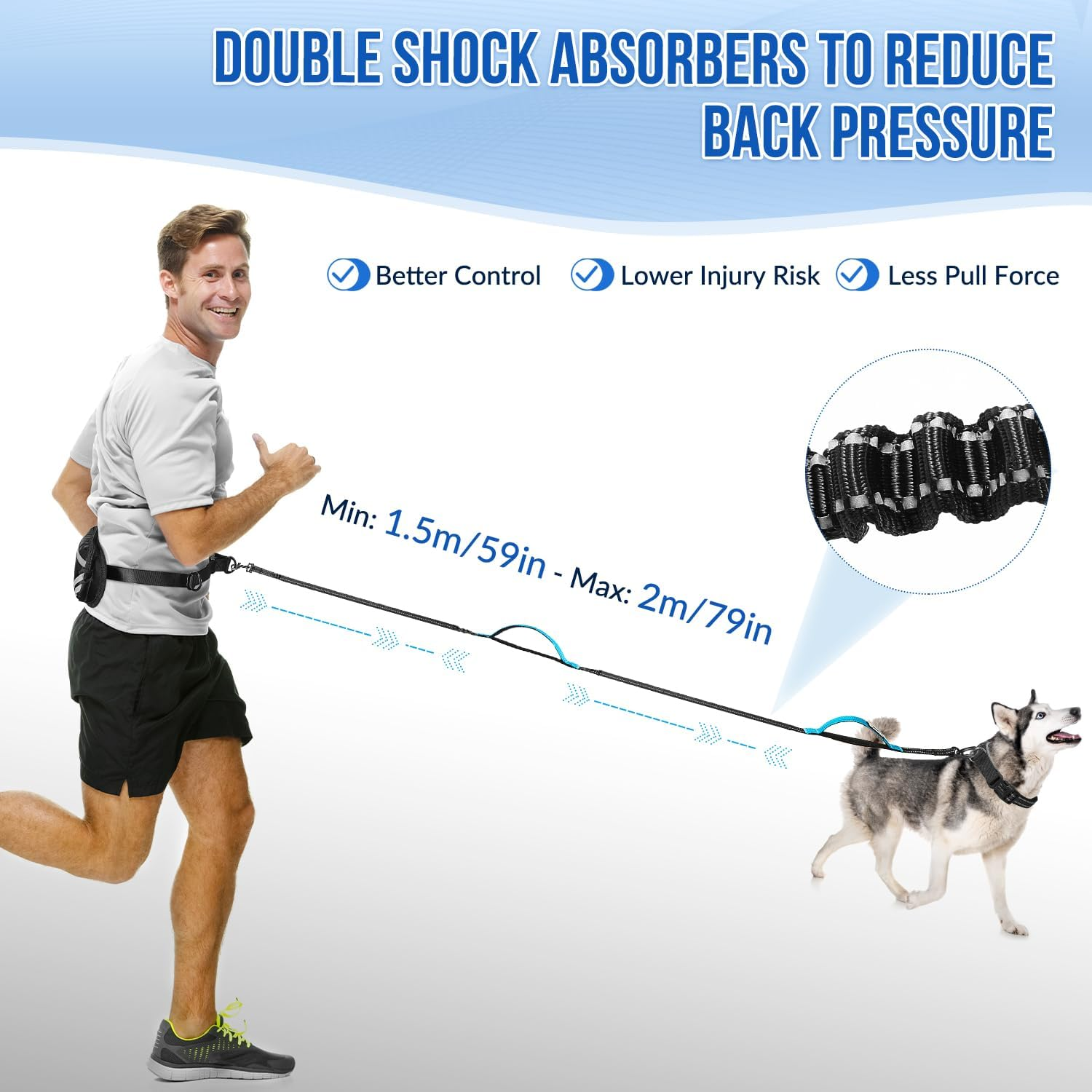 AUTOWT Retractable Hands Free Dog Leash with Pouch, Adjustable Waist Belt Fanny Pack, Reflective Stitching Leash for Running Walking Hiking Jogging Biking (Blue, L) image number 6