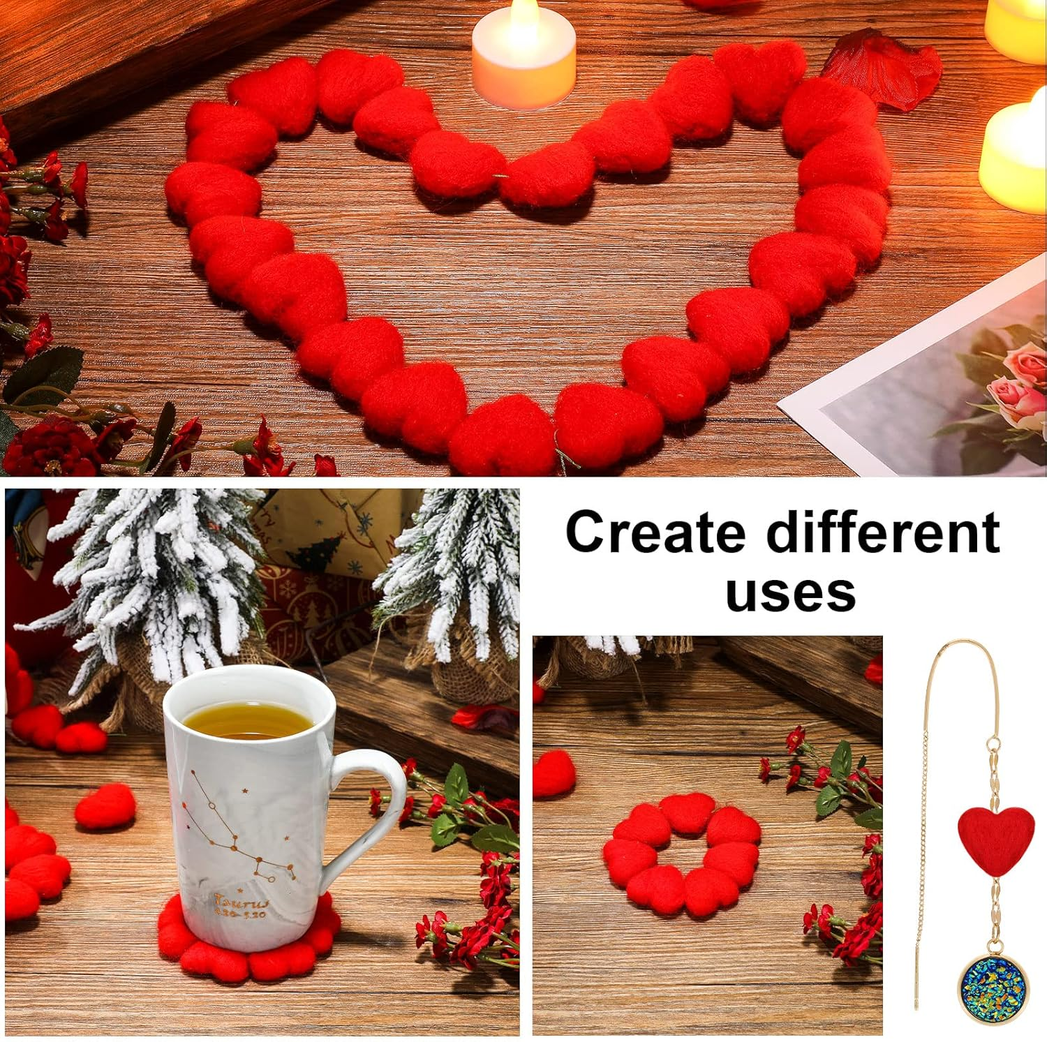 Tegeme 24 Pieces 30 Mm Valentine'S Day Wool Felt Balls Garland Heart Shape Banner Small Wool Balls Handmade DIY Felted Fabric Red Pom Poms Wool Felt Garland Crafts for Valentine'S Day Home Decor image number 3