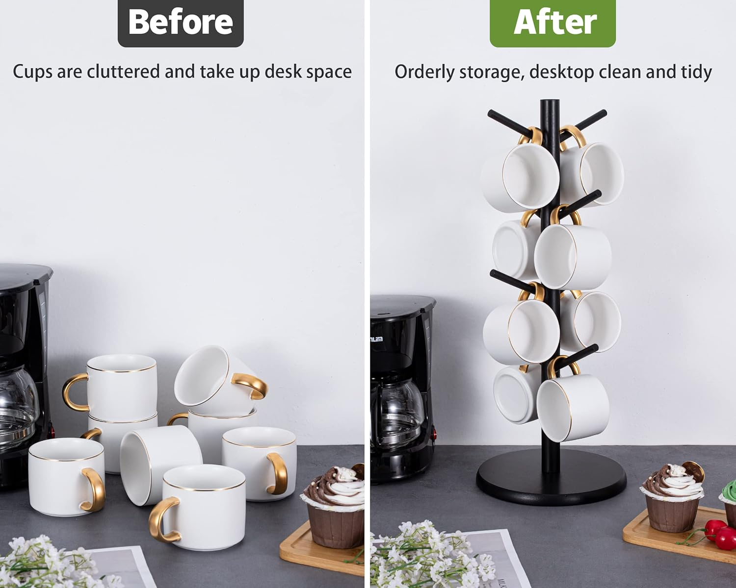 Mylifeunit Mug Holder Tree, Black Coffee Cup Holder with 8 Hooks, Wood Mug Hanger Stand for Counter image number 3