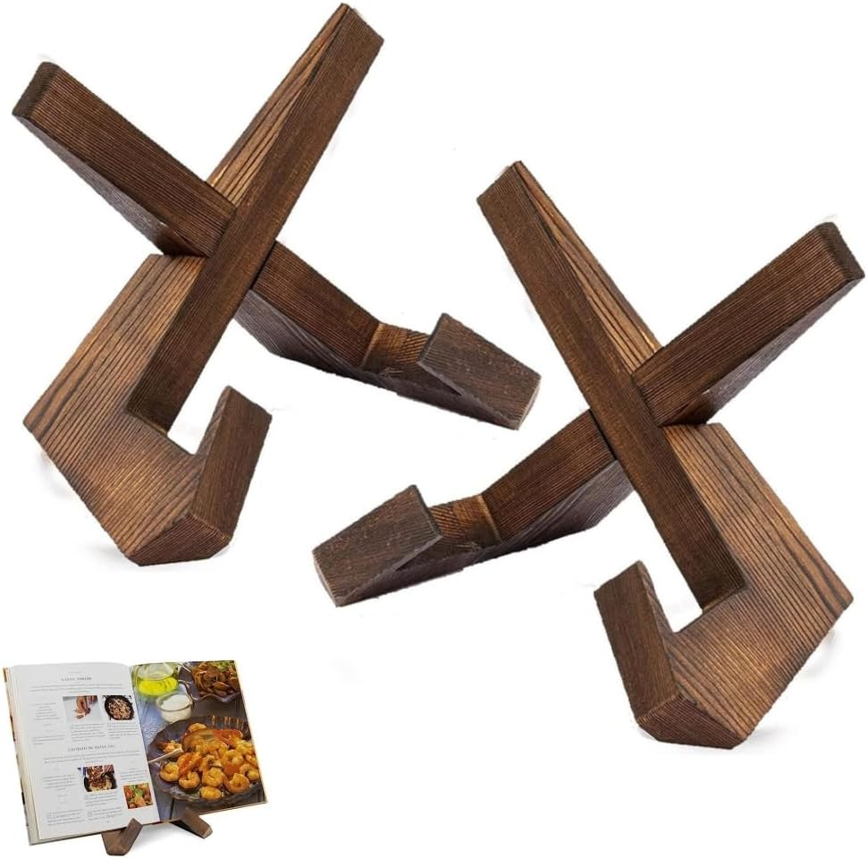 2Pcs 6.5Inch Handmade Wooden Cookbook Holder, Plate Display Stand, Wooden Picture Frame Stand, Modern and Traditional Kitchen Stand for Book, Craft Objects, House, Table Top Decorative Easels Display image number 2
