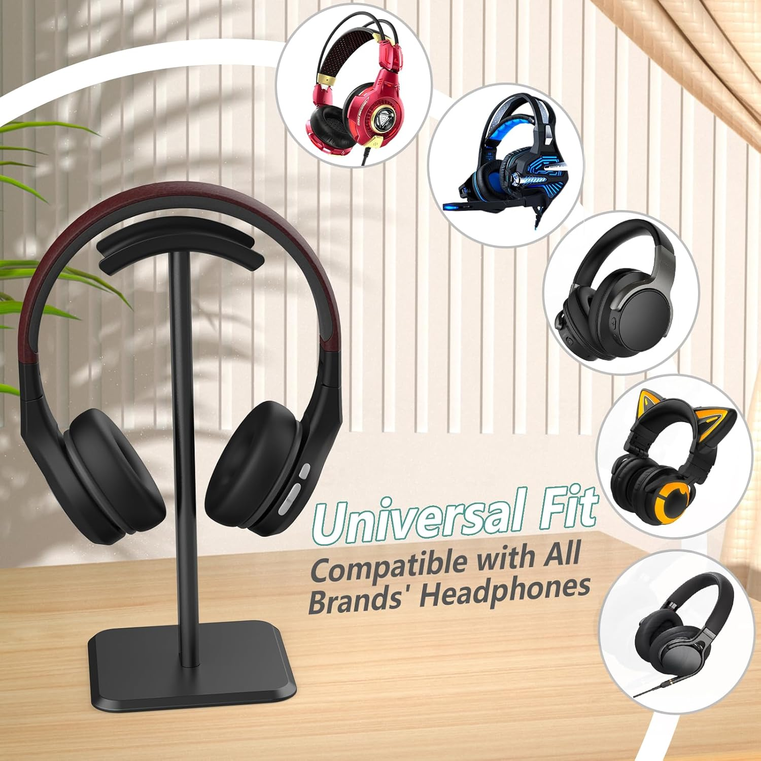 Headphone Stand, Headset Stand with Aluminum Supporting Bar, ABS Solid Base Universal Fit for Gaming Headsets, Wireless Headphones Black