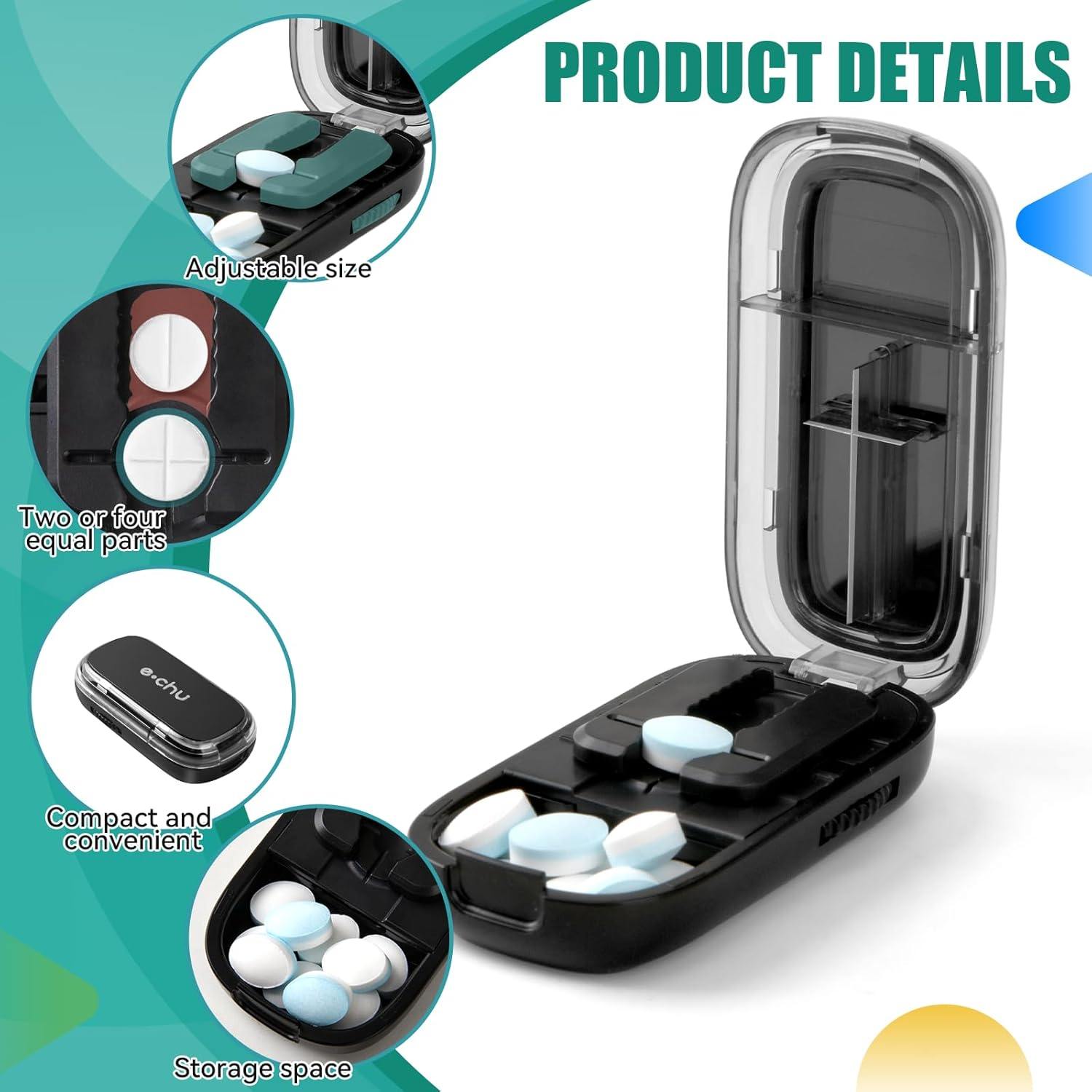 Tablet Divider, Tablet Cutter, Pill Divider with Storage Compartment, Tablet Cutter for All Tablets, Pill Cutter, Portable Pill Cutter for Travel, Pet (Black) image number 2