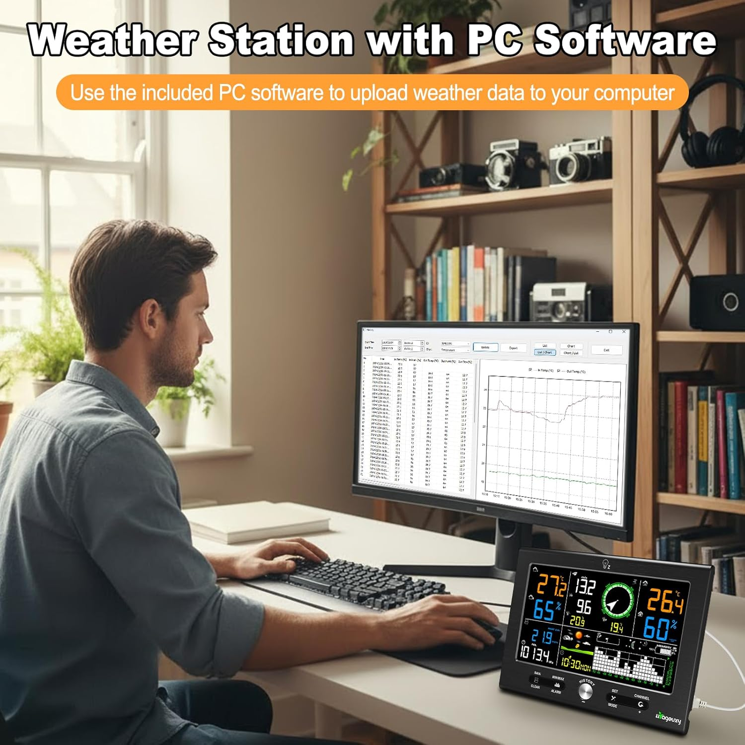 Urageuxy Weather Station Wireless Indoor Outdoor, Weather Station with PC Software, Rain Gauge, Wind Speed, Weather Forecast, Temperature, Humidity, Air Pressure, Moon Phase and Alarm image number 2