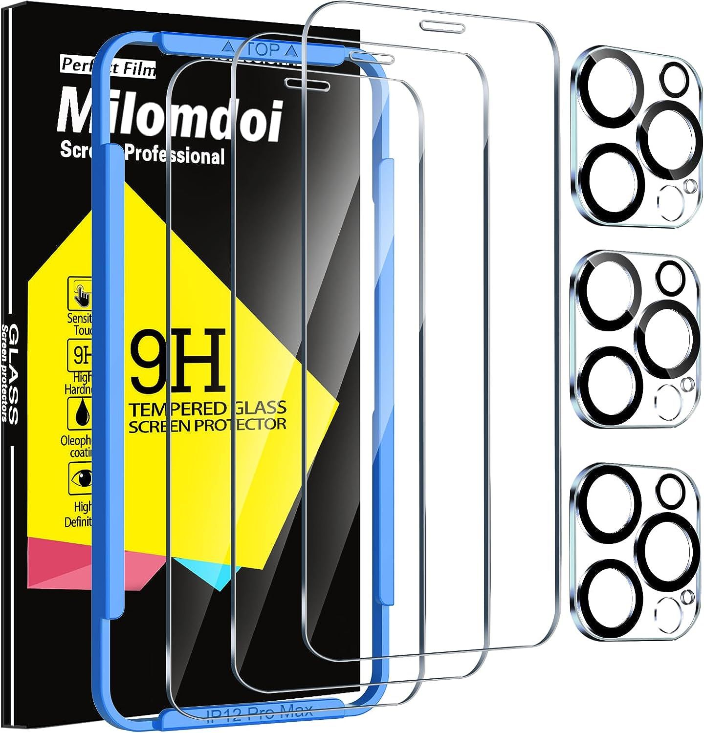 Milomdoi 4 Pack Privacy Screen Protector for Apple Iphone 15 Pro Max with 4 Pack Tempered Glass Camera Lens Protector, Ultra 9H Accessories, Case Friendly, Mounting Frame, 2.5D Curved, Black