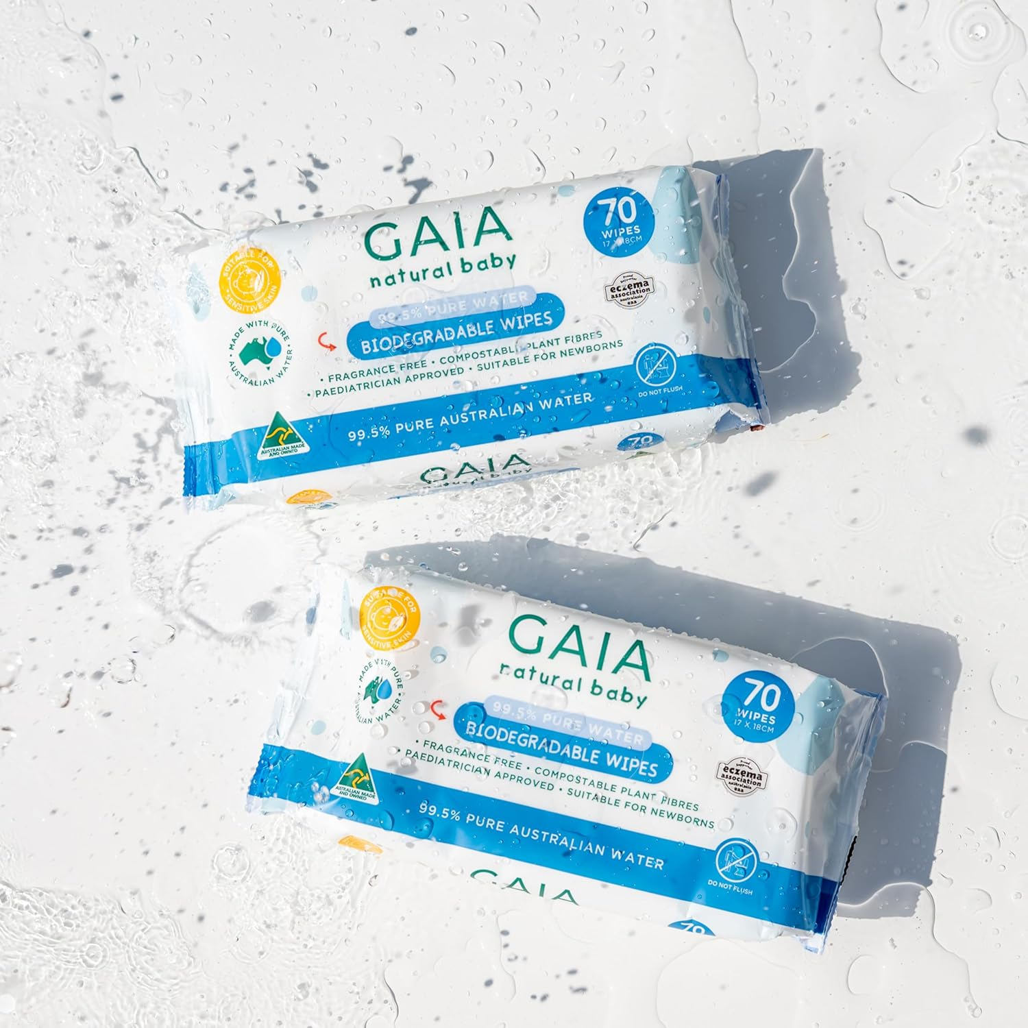 GAIA Natural Baby 99.5% Pure Water Wipes | Pure Australian Water | Paediatrician Approved | Dermatogically Tested | Suitable for Sensitive Skin | Suitable for Newborns | Australian Made | 8X70Pk image number 3