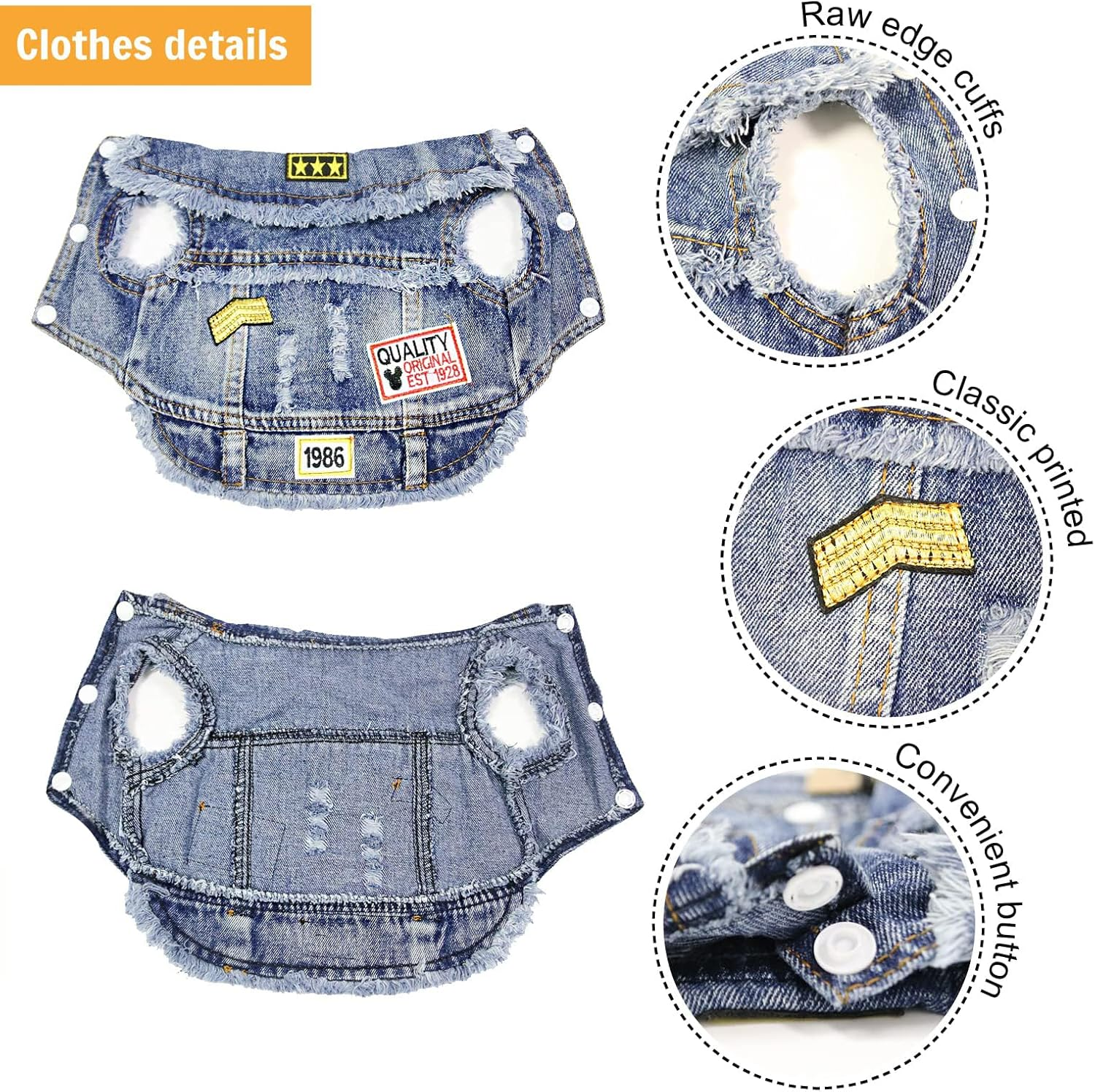 SILD Pet Clothes Dog Jeans Jacket Cool Blue Denim Coat Small Medium Puppy Blue Vintage Washed Clothes Dogs Lapel Vests Classic Hoodies image number 4