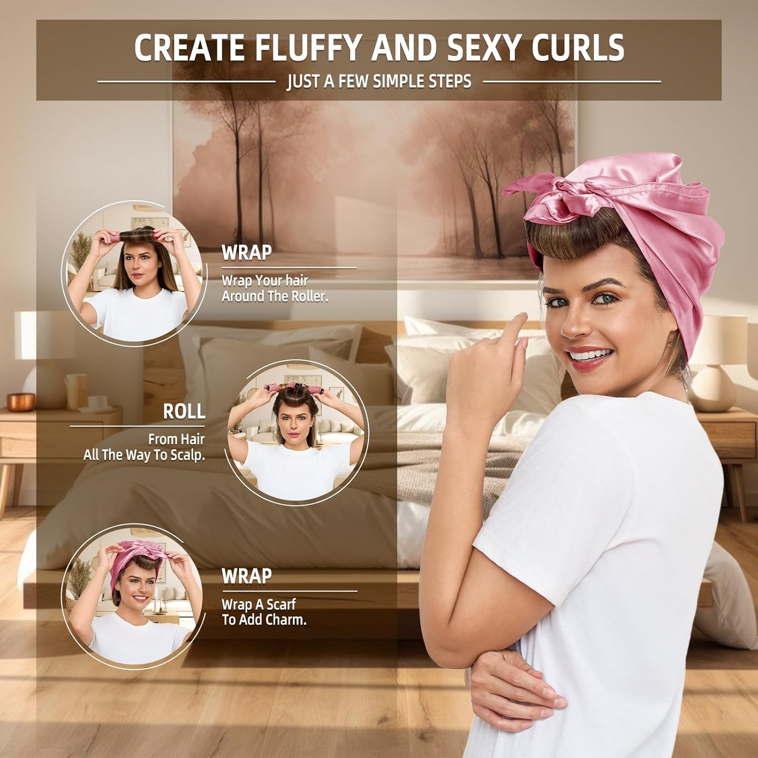 Heatless Curls Overnight Rods Jumbo Set, Heatless Hair Curler Velvet Satin Jumbo Flexi Rods to Sleep In, No Heat Overnight Sleeping Blowout Curls Wave Styling Tools with Silk Scarf 4Pcs Dark Pink image number 3