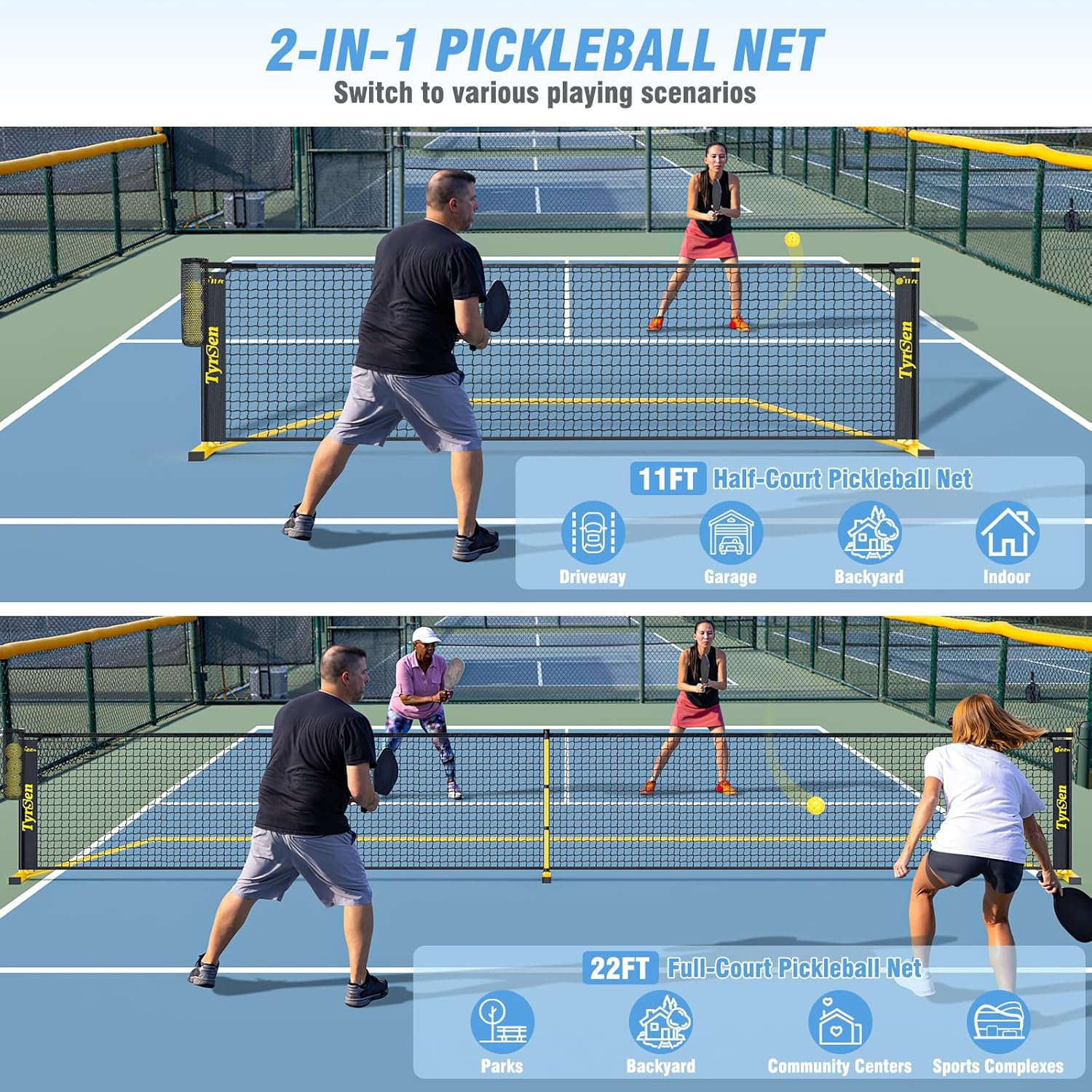 TYRSEN Portable Pickleball Net for Driveway, 22 FT Regulation Size & 11 FT Half Court Size Pickle Ball Net with Ball Collector, 2-In-1 Pickle Ball Net with Carry Bag for Garages Backyard image number 5