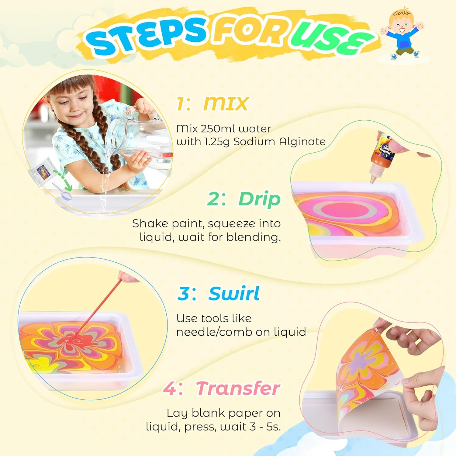 Wukon Water Marbling Paint Kit - Arts and Crafts for Kids, Water Marbling Paint Birthday Gifts Ideas for Girls & Boys Ages 8-13 5-7 3-6, Marbling Ink Art Supplies Crafts Toys Kits for 3+Years Old