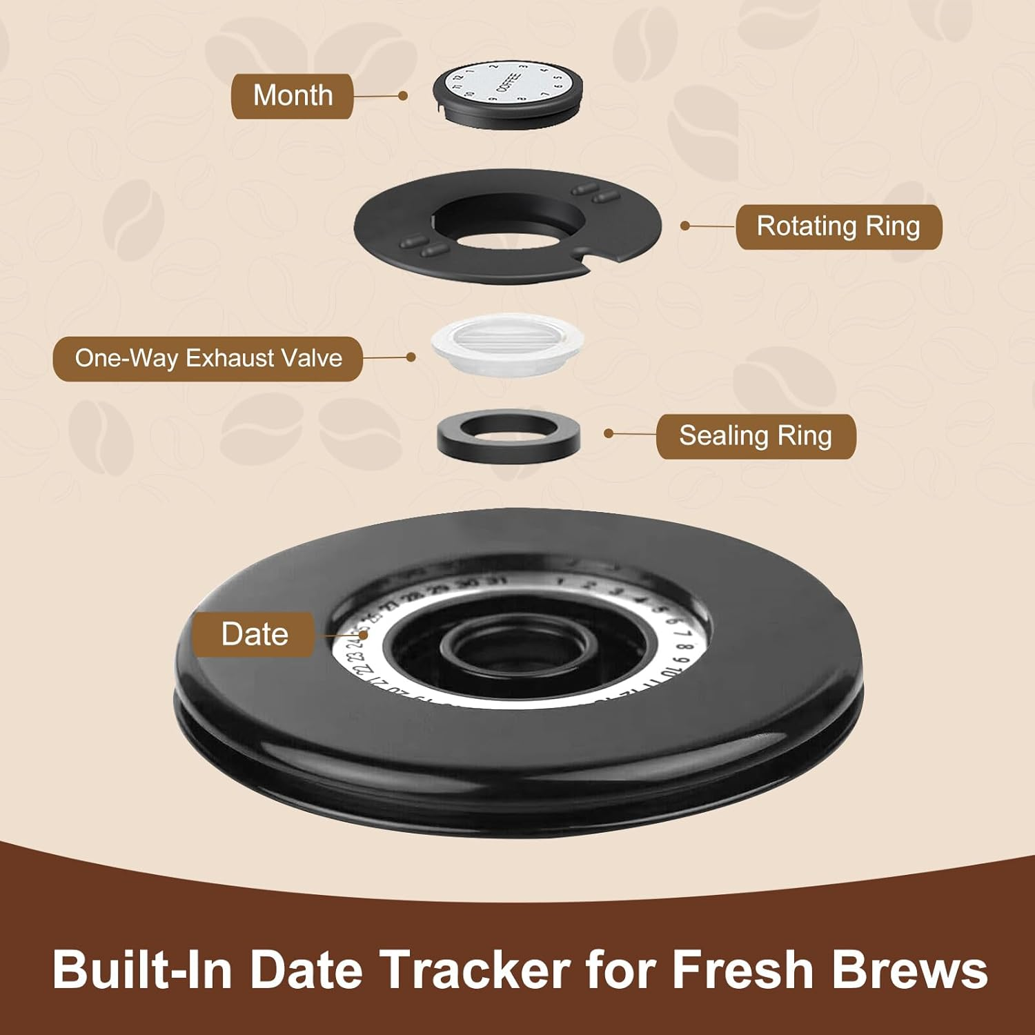 Airtight Coffee Canister with Scoop - Stainless Steel Coffee Grounds Container, Coffee Jar with Date Tracker and CO2 Valve, Coffee Bean Storage for Kitchen Counter or Coffee Bar (Black, 1.8L) image number 2