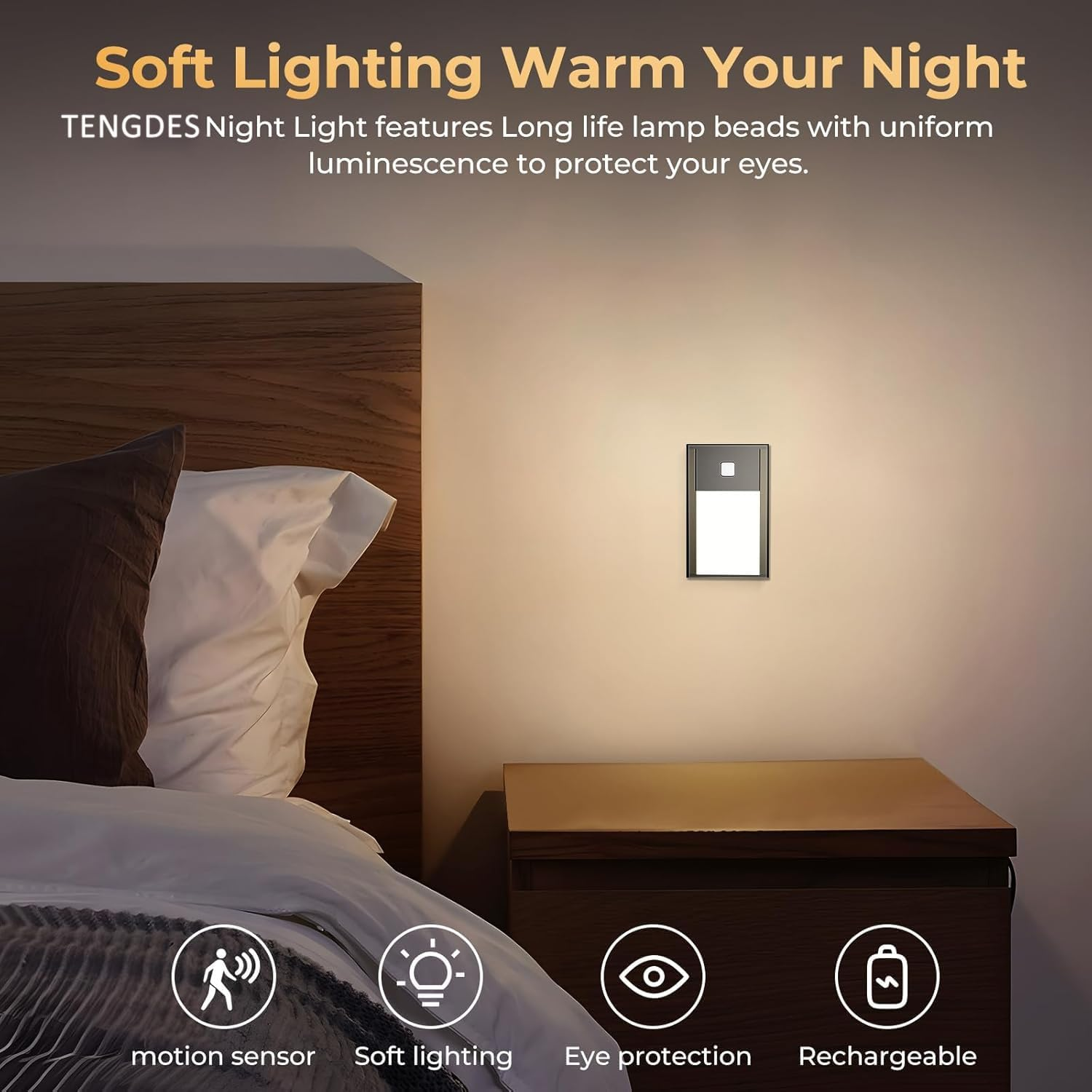 Motion Sensor Night Light Indoor, Rechargeable Magnetic Stick-On Sensor Lights with Auto/On/Off, Battery Powered for Wardrobe, Hallway, Stairs, Bedroom, Kids Room (3 Pack)