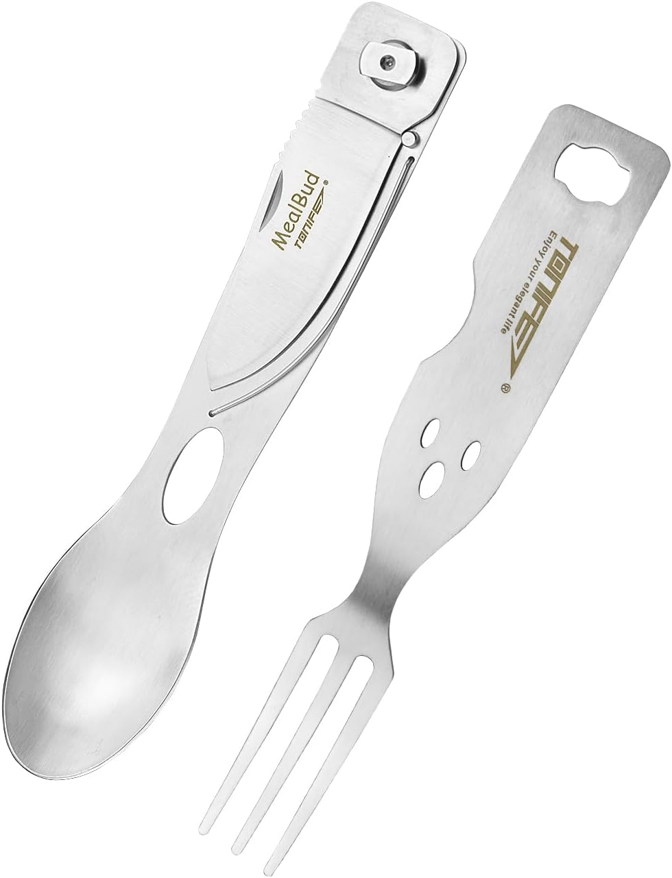 TONIFE Mealbud 3 in 1 Camping Cutlery Set Includes Knife, Fork and Spoon, Portable Camping Utensils with Nylon Storage Bag Stainless Steel Cutlery for Traveling and Camping