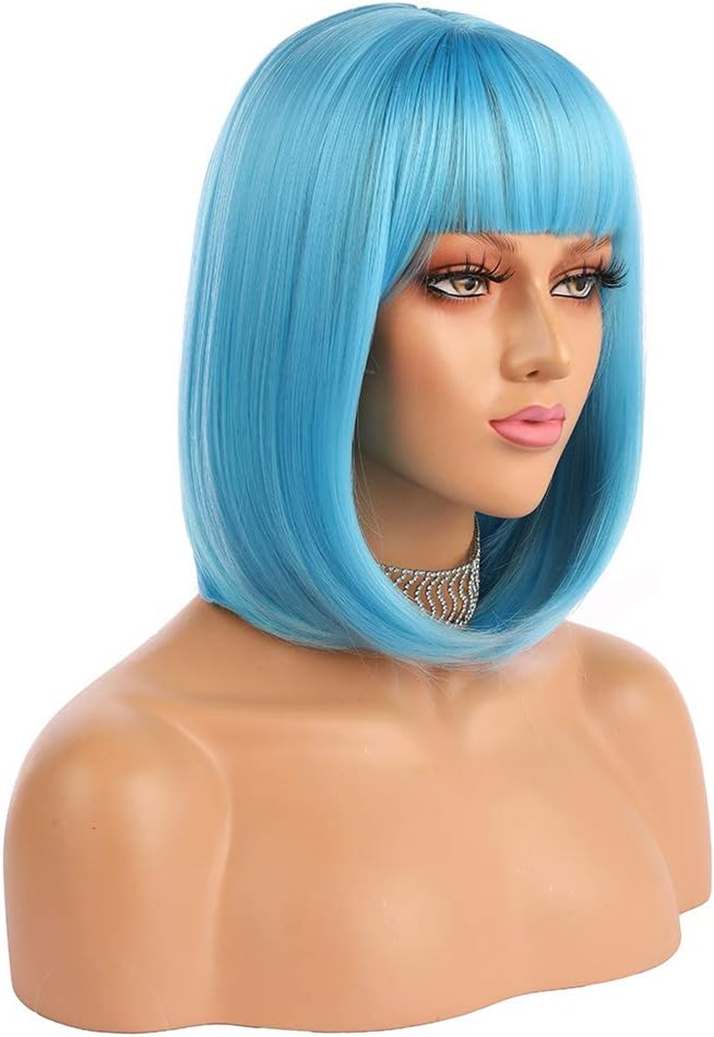 Enilecor Short Bob Hair Wigs 12" Straight with Flat Bangs Synthetic Colorful Cosplay Daily Party Wig for Women Natural as Real Hair+ Free Wig Cap (Light Pink)