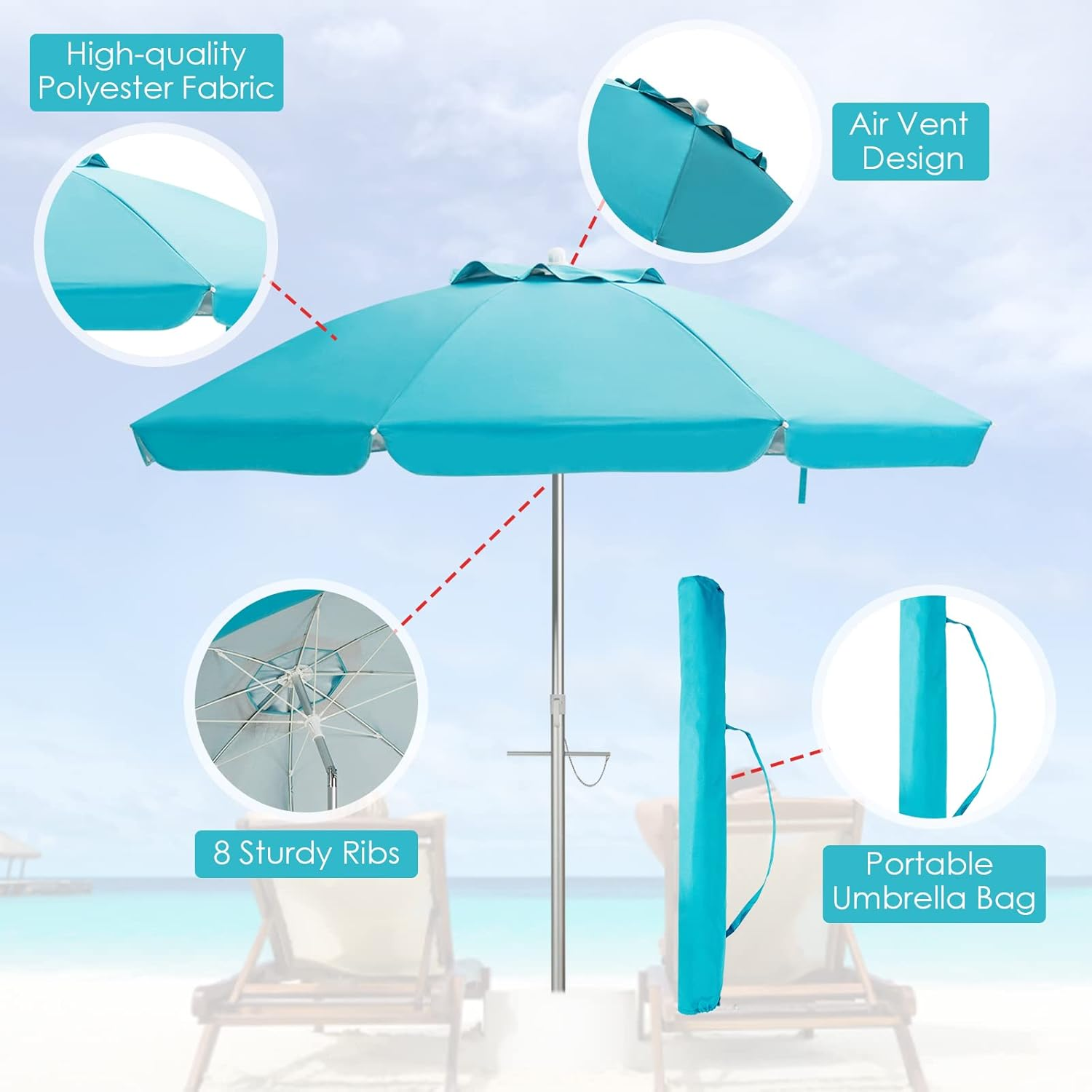 Costway 198Cm Beach Umbrella W/Sand Anchor, Outdoor Patio Umbrella W/Push Button Tilt & UPF 50+ Protection, Portable Sunshade Umbrella W/Carry Bag for for Beach Patio Garden Outdoor image number 5