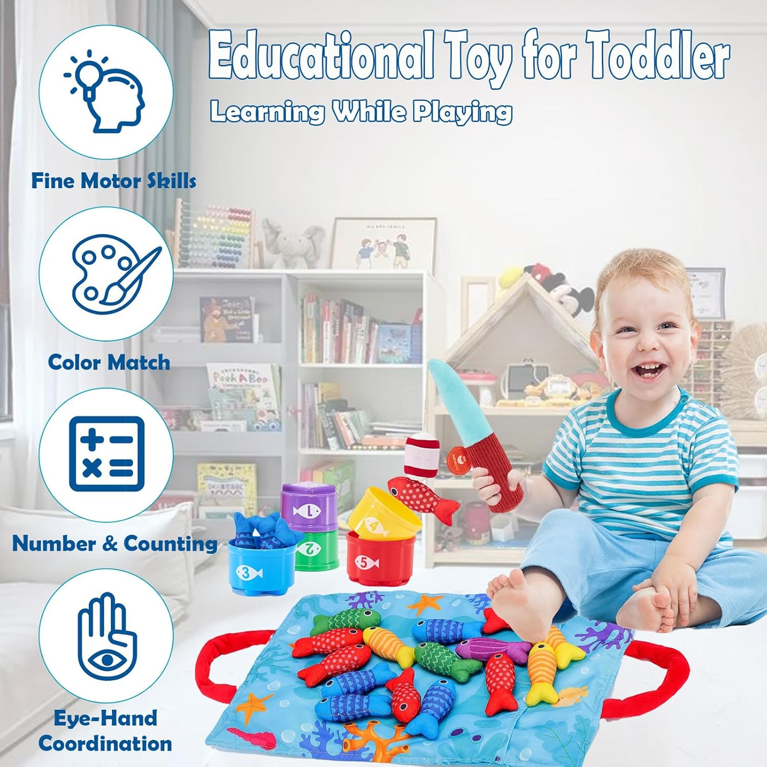 Toddler Toys Montessori Toys for 1-3 Year Old Boy Girl Birthday Gift, 22 Pcs Cloth Fishing Game with Stacking Cups- Number Counting, Color Sorting, Shape Learning Toddler Boy image number 4