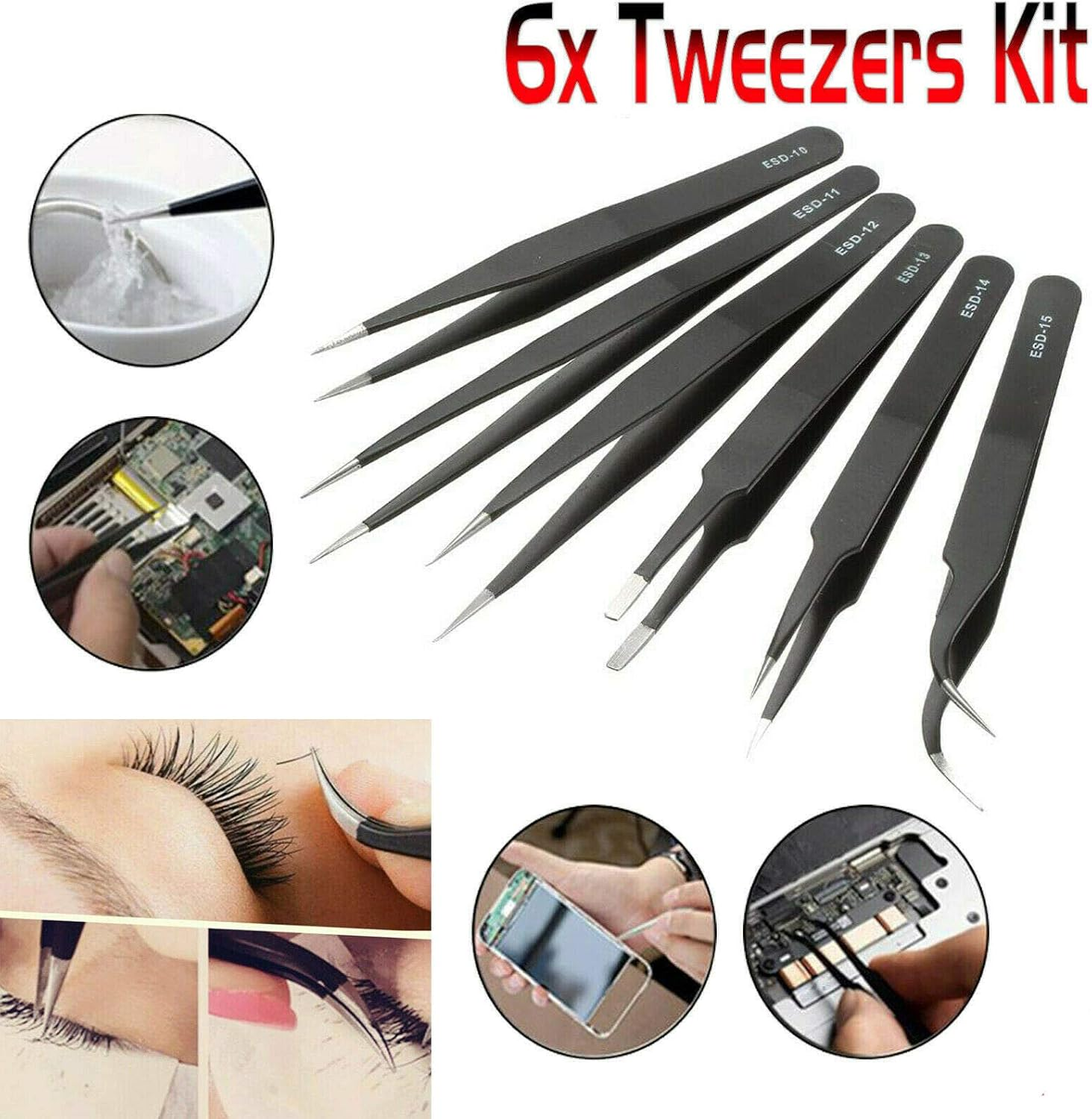6 Pcs ESD Anti-Static Tweezer Set Tweezers Maintenance Tool Stainless Steel AU image number 2