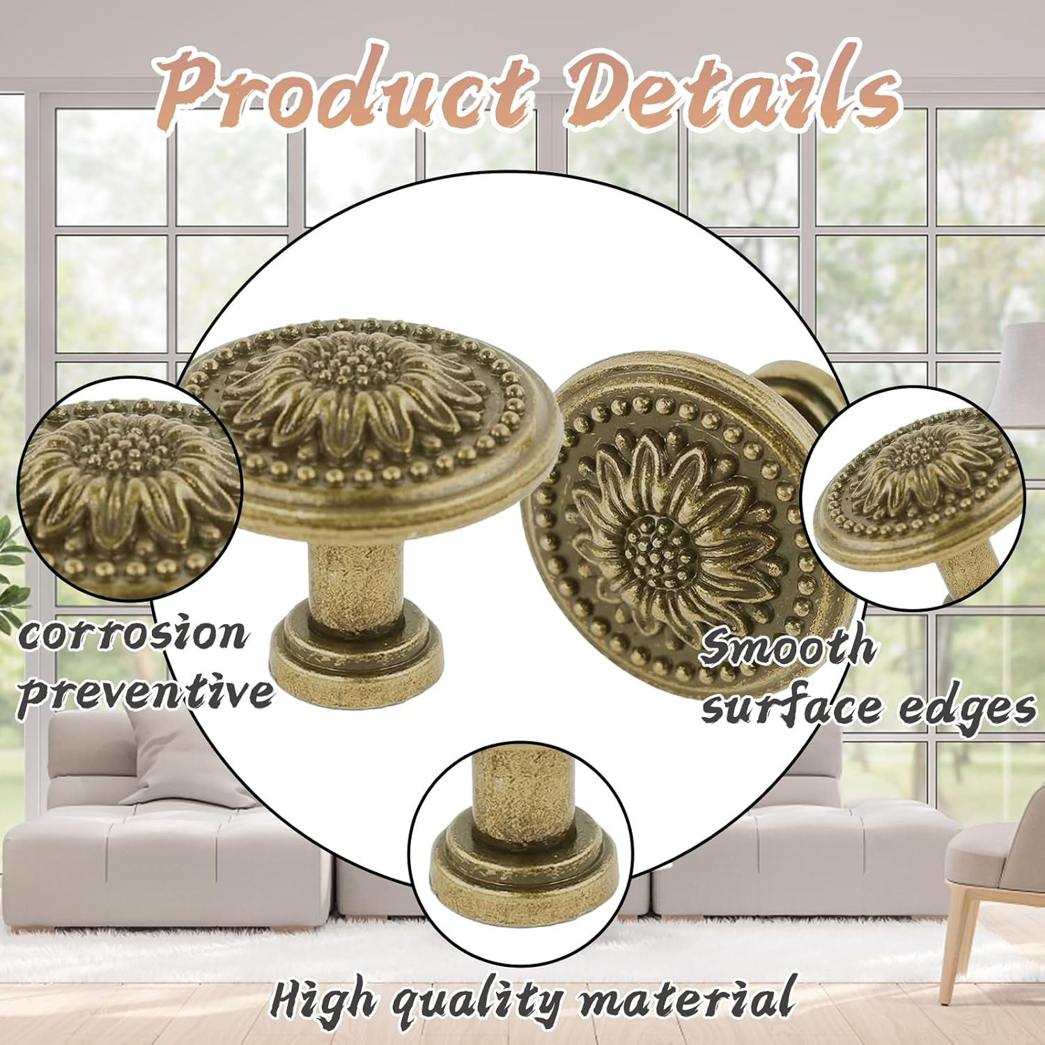 Zcrprn Drawer Knobs, 10 PCS Antique Brass Kitchen Cupboard Handles, Vintage Floral Pattern Drawer Handles, Cabinet Knobs for Chest of Drawers, Furniture Cabinets, Dressers, Wardrobe Doors image number 3