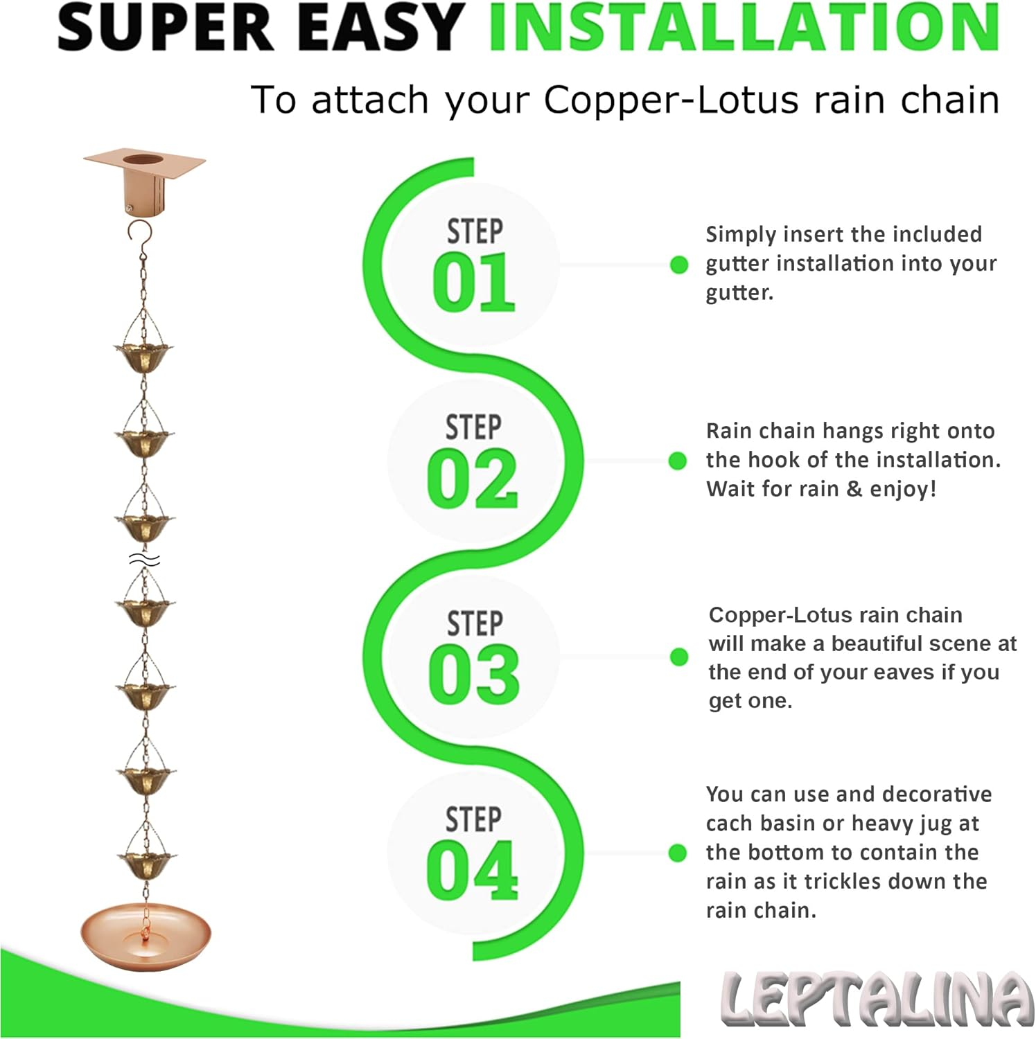 8.5FT Lotus Copper Colored Iron Rain Chains for Gutter and Rain Barrel, Rust-Resistant Plated Garden D&eacute;cor Rain Chain for Downspout, Bonus Rain Chain Gutter Adapter - Antique Bronze image number 4