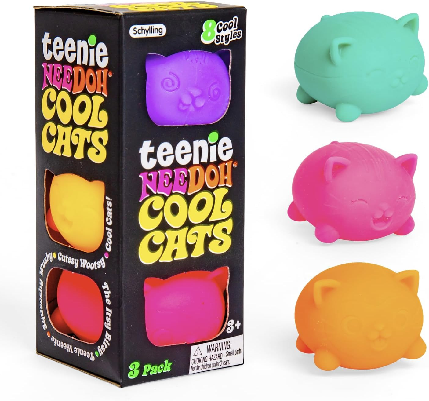 Needoh Cool Cats Teenie - Groovy Squishy Stress Toy, 3 Pack, Soft, Squeezable & Dough-Filled, Fun Sensory Fidget for Kids & Adults, Assorted Colours & Expressions,Ages 3+ image number 2