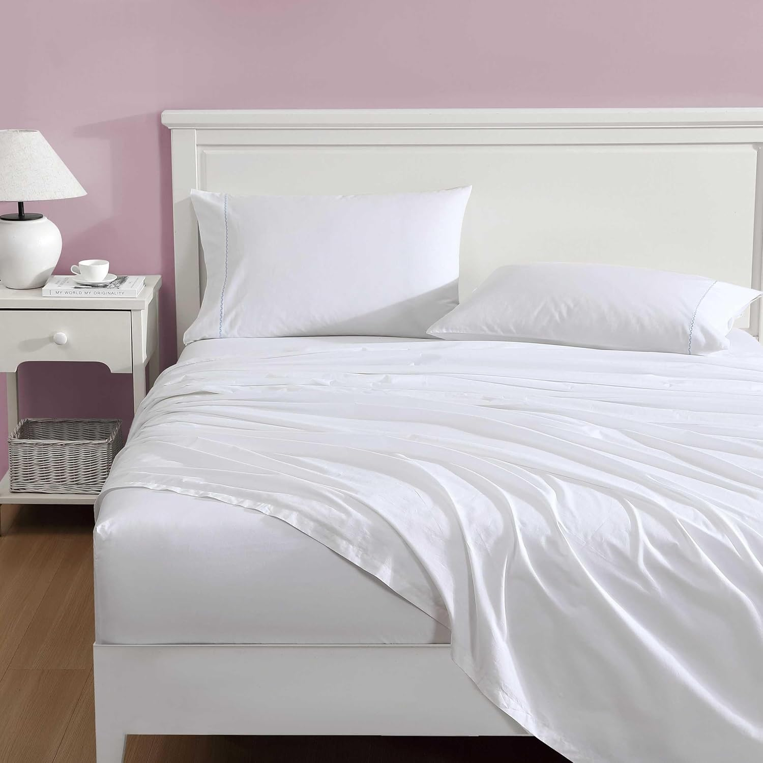 Laura Ashley - Sheet Set, Breathable Cotton Percale Bedding with Matching Pillowcases, Soft Home Decor (Scallop Blue, Full)