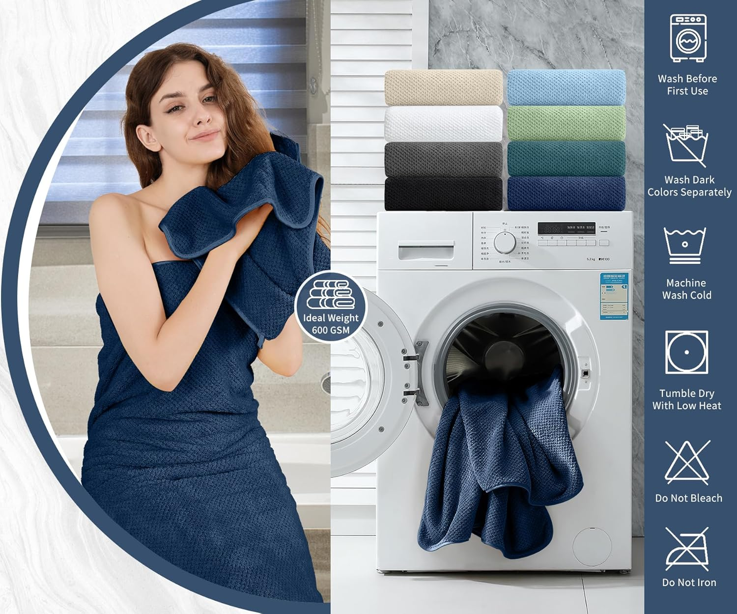 8 Piece Bathroom Towel Set Navy Blue |2 Oversized Large Bath Towels Sheet,2 Hand Towels and 4 Washcloths| 600GSM Ultra Soft Luxury Premium Towel Set Highly Absorbent Quick Dry Hotel Towel Collection