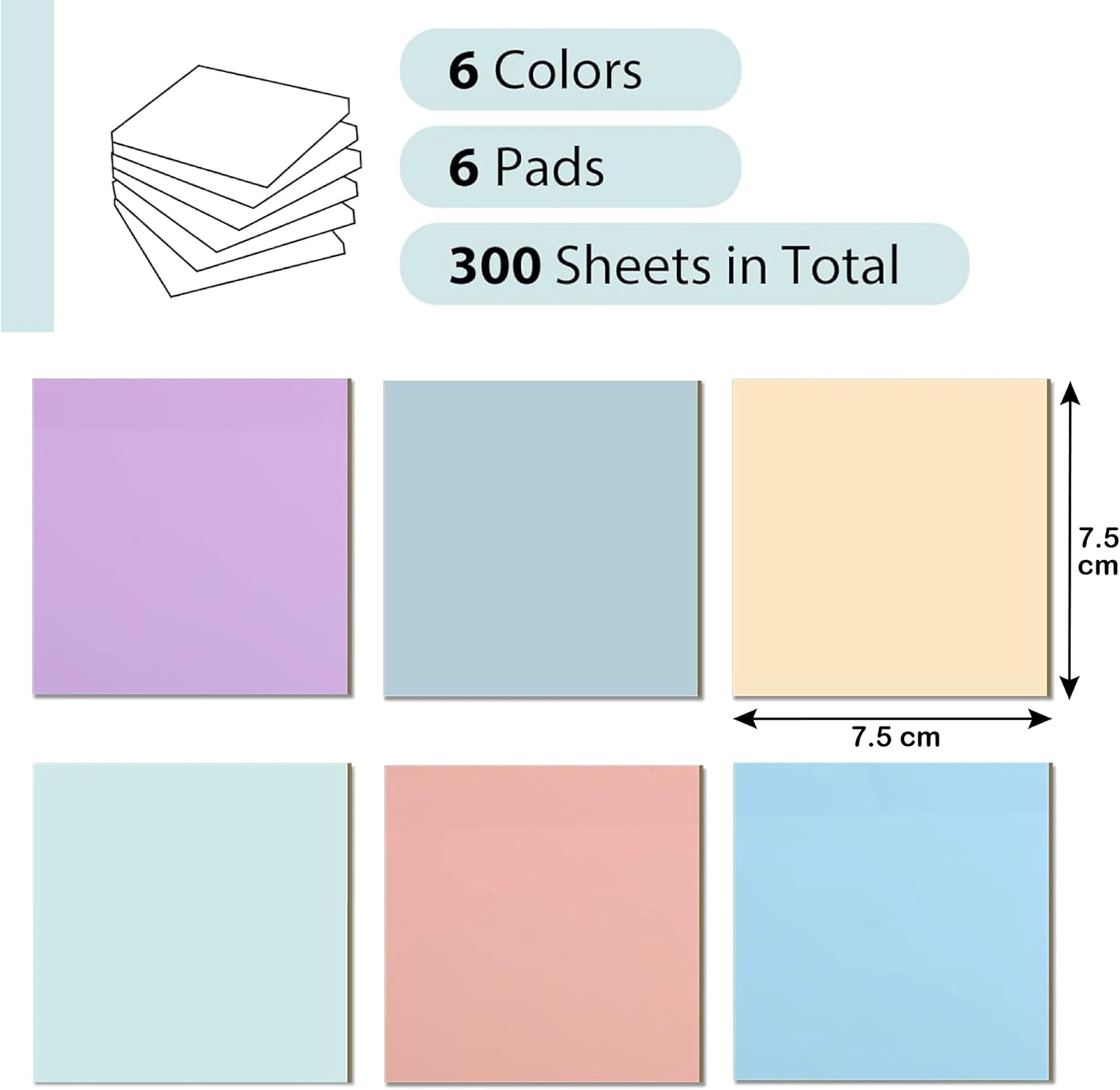 6 Pads/300 Sheets Transparent Sticky Notes in 6 Colours, 7.5Cm X 7.5Cm Clear Sticky Notes, Quality Waterproof Sticky Notes Memo Pads