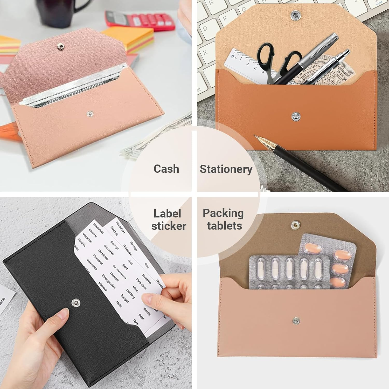 JOWILIN 3 Pcs Cash Envelopes Bag, PU Leather Cash Money Pouchs, Reusable Cash Budget Wallet, Money Envelopes for Birthday, Wedding, Graducation, Holidays, Spring Festival (Black, Pink, Brown) image number 3